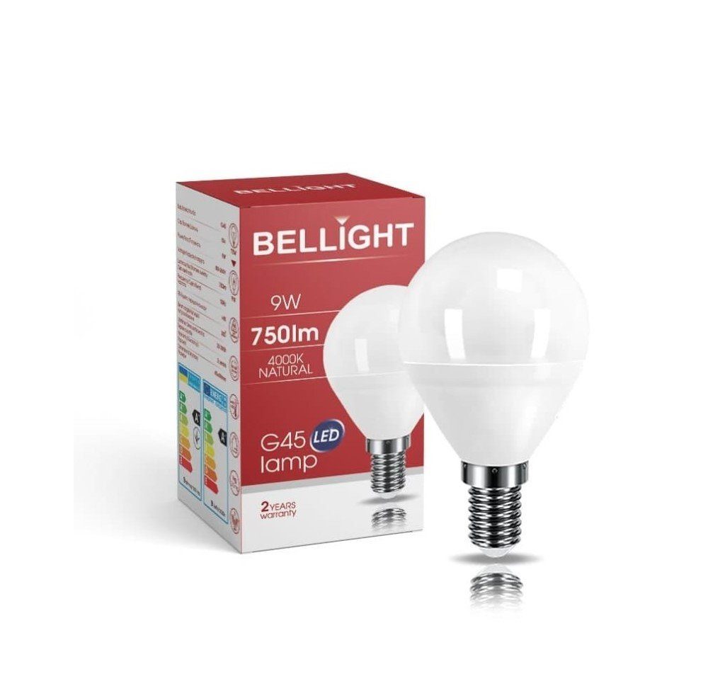 Bellight LED-Leuchtmittel LED E14 G45 Neutralweiß Tropfenform = 9W 75W 360° 4000K, E14, 230V 830lm Neutralweiß