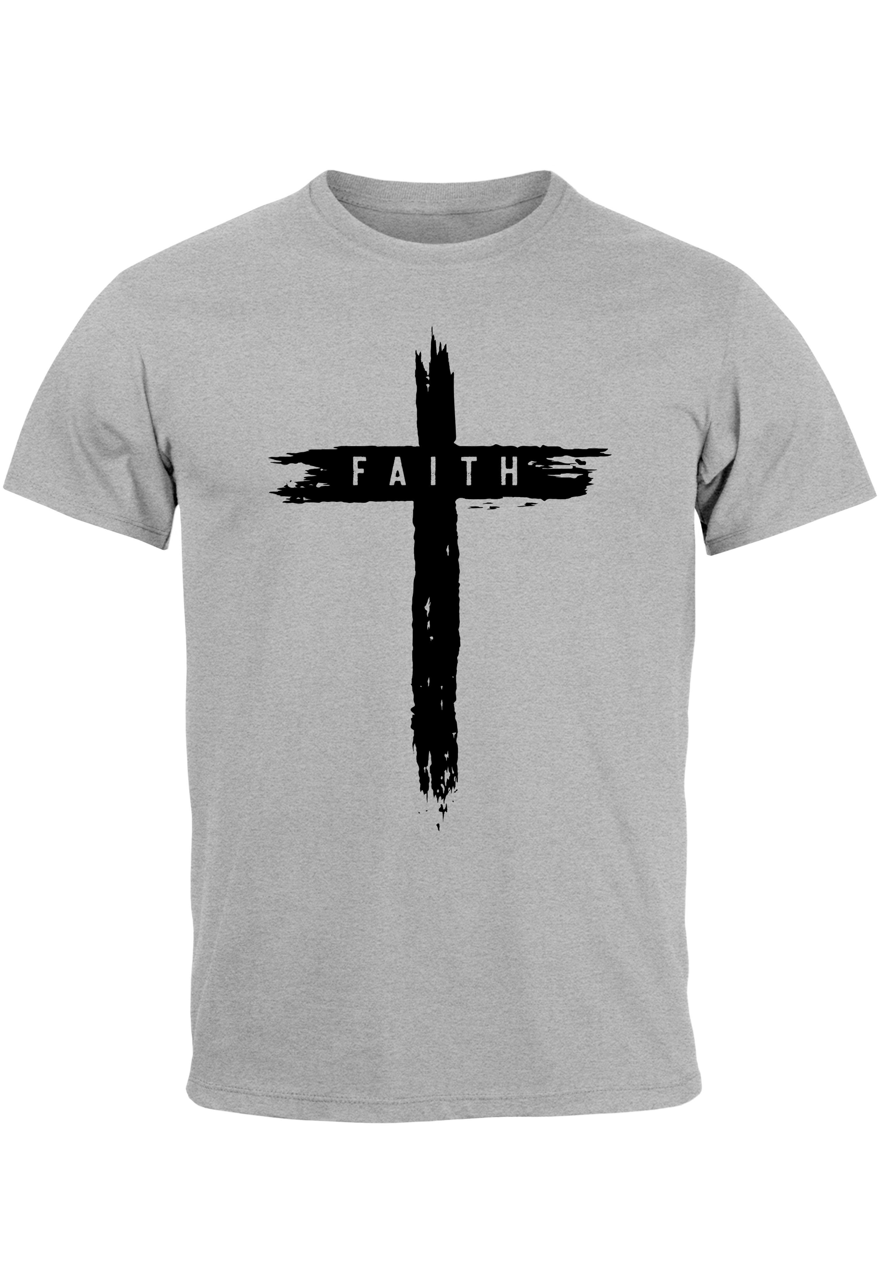 Neverless Print-Shirt Herren T-Shirt Printshirt Aufdruck Kreuz Cross Faith Glaube Trend-Moti mit Print grau