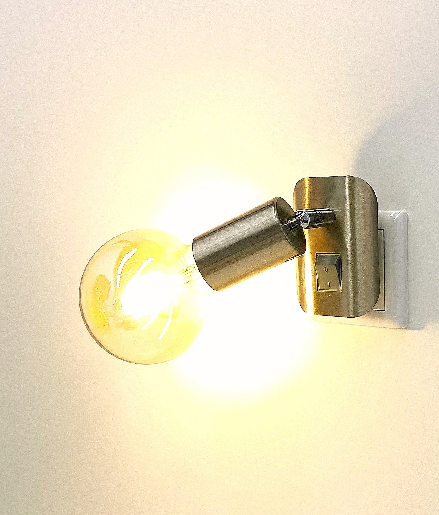 TRANGO LED Steckdosenleuchte, 11-060A LED-Steckerleuchte in Nickel matt inkl. 1x 4 Watt 2500K Gold warmweiß E27 LED Leuchtmittel *ANNA* Wandleuchte, Leselampe, Nachtlicht, Wandlampe, Küchenlampe, Steckerlampe