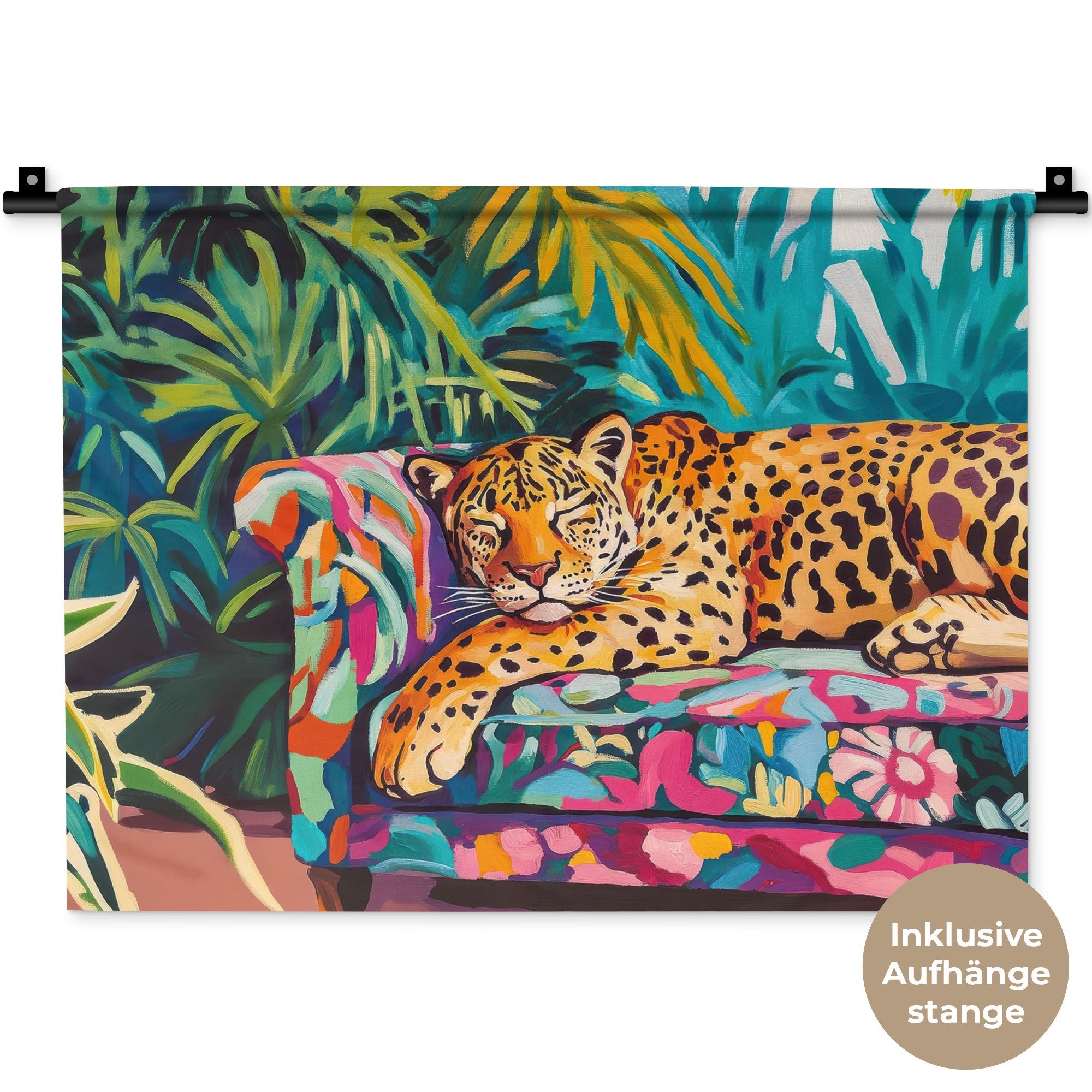 MuchoWow Wandteppich Leopard - Bunt - Tropisch, Rechteckig, Höhe: 3 mm, Wanddeko Teppich Wohnzimmer, Schlafzimmer, 60x45 cm