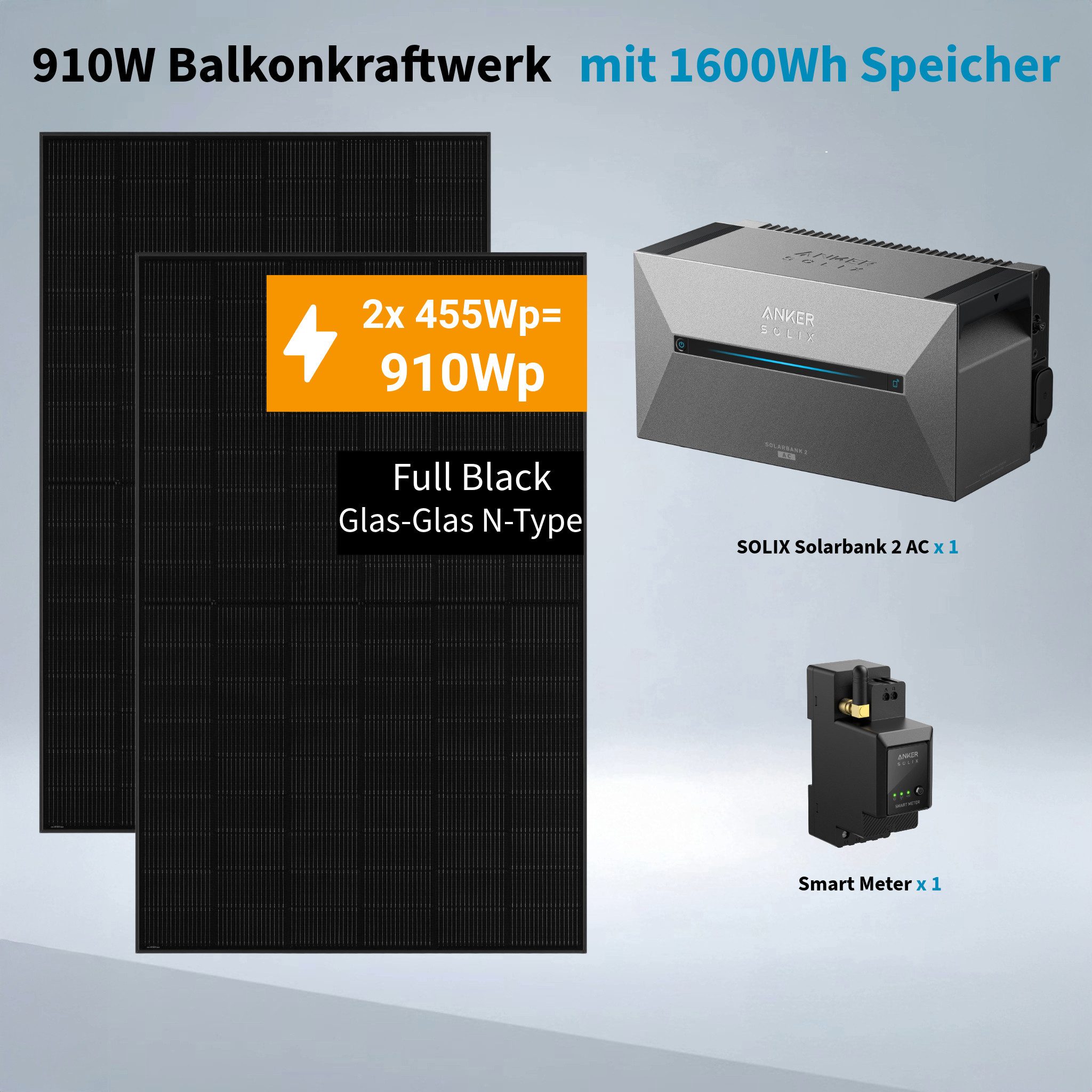Anker Balkonkraftwerk 910W/1820W Balkonkraftwerk Anker Solarbank 2 AC E1600 mit Smart Meter, 2000 W, (Set, 910W/1820W Balkonkraftwerk Anker Solarbank 2 AC E1600 mit Smart Meter), IP65, 100% Mikro-Wechselrichter Kompatibel