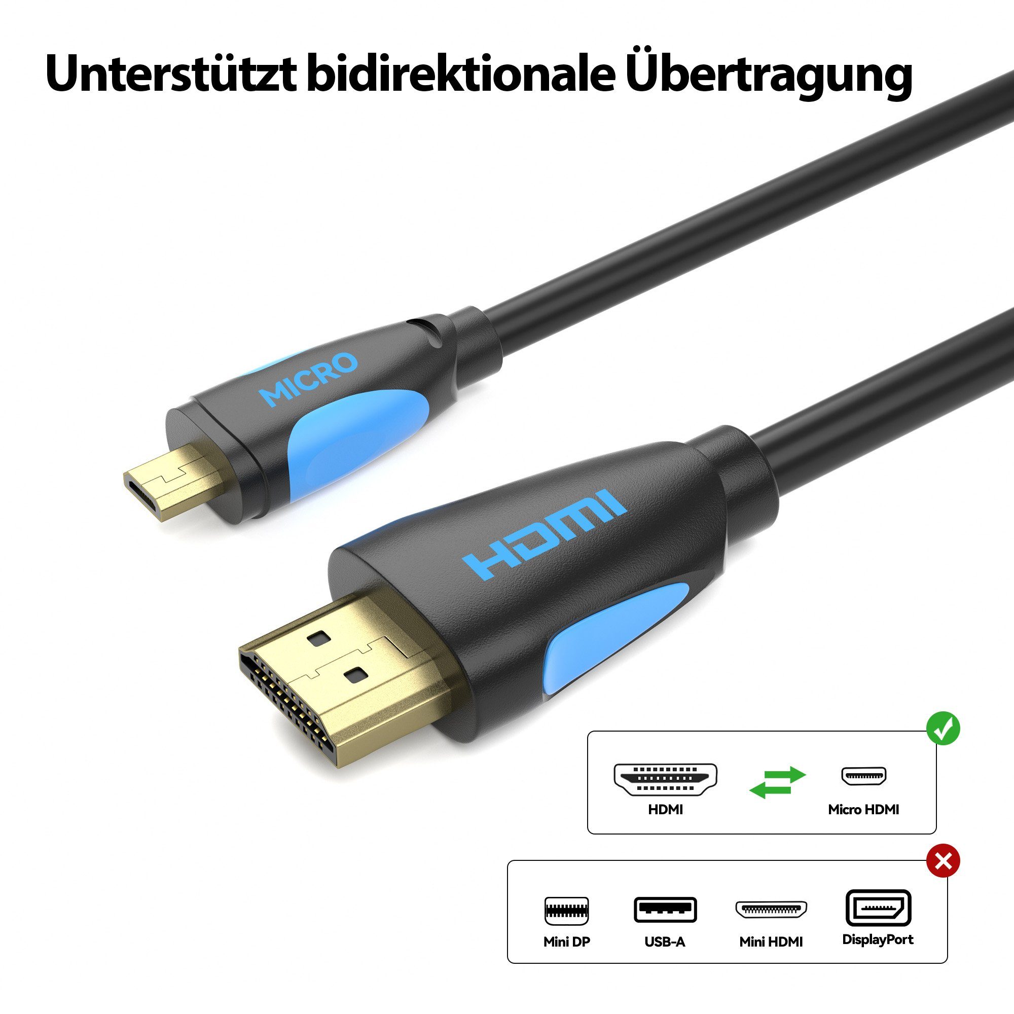 JAMEGA Micro HDMI Kabel 4K High Speed Adapterkabel Kamera GoPro HDMI-Kabel, Micro HDMI Stecker, HDMI Stecker, (150 cm) – Bild 4 von 5