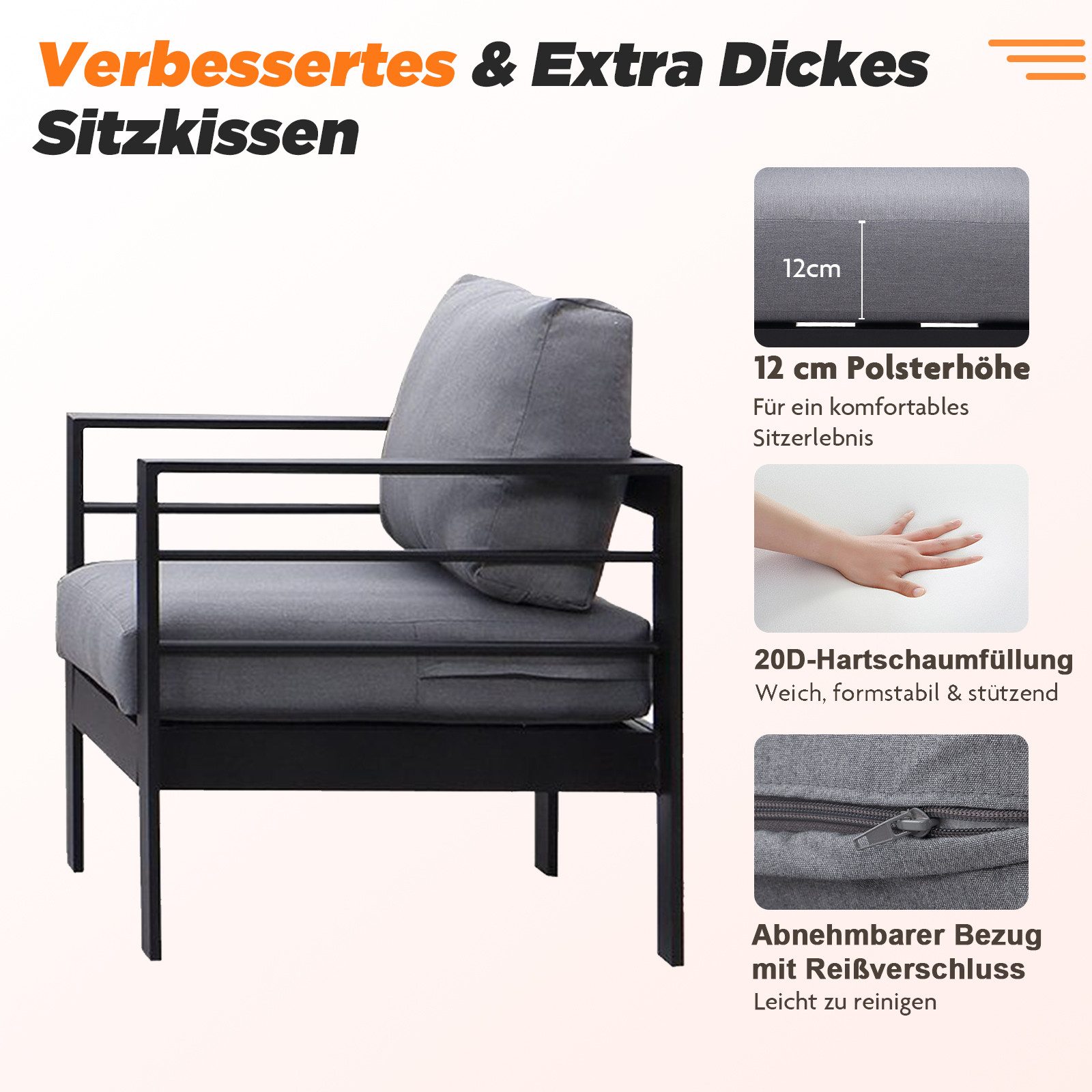 MeXo Gartenlounge-Set Gartenmöbel Set 4-5 Personen Aluminium Wetterfest, (12cm Deluxe Relax-Sitzkissen, 4-tlg., Belastbarkeit pro Sitzplatz 140kg), Lounge Garte – Bild 5 von 5
