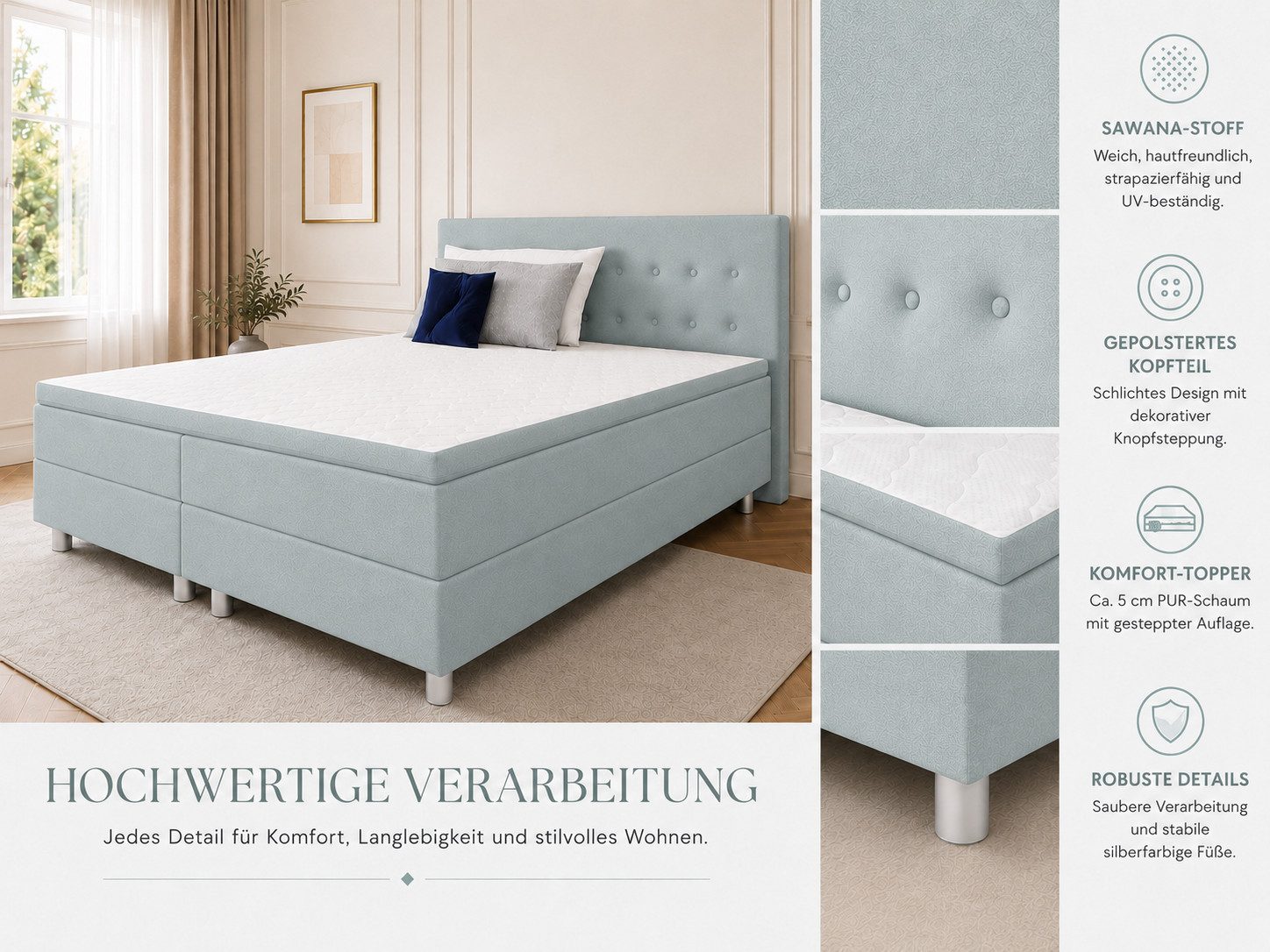 Best for Home Boxspringbett mit gepolstertem Kopfteil, komfortabler Bonnell-Matratze & 5 cm Topper (Boxspringbett-Set mit Matratze und Topper, 1-St., 90x200 120 – Bild 4 von 5
