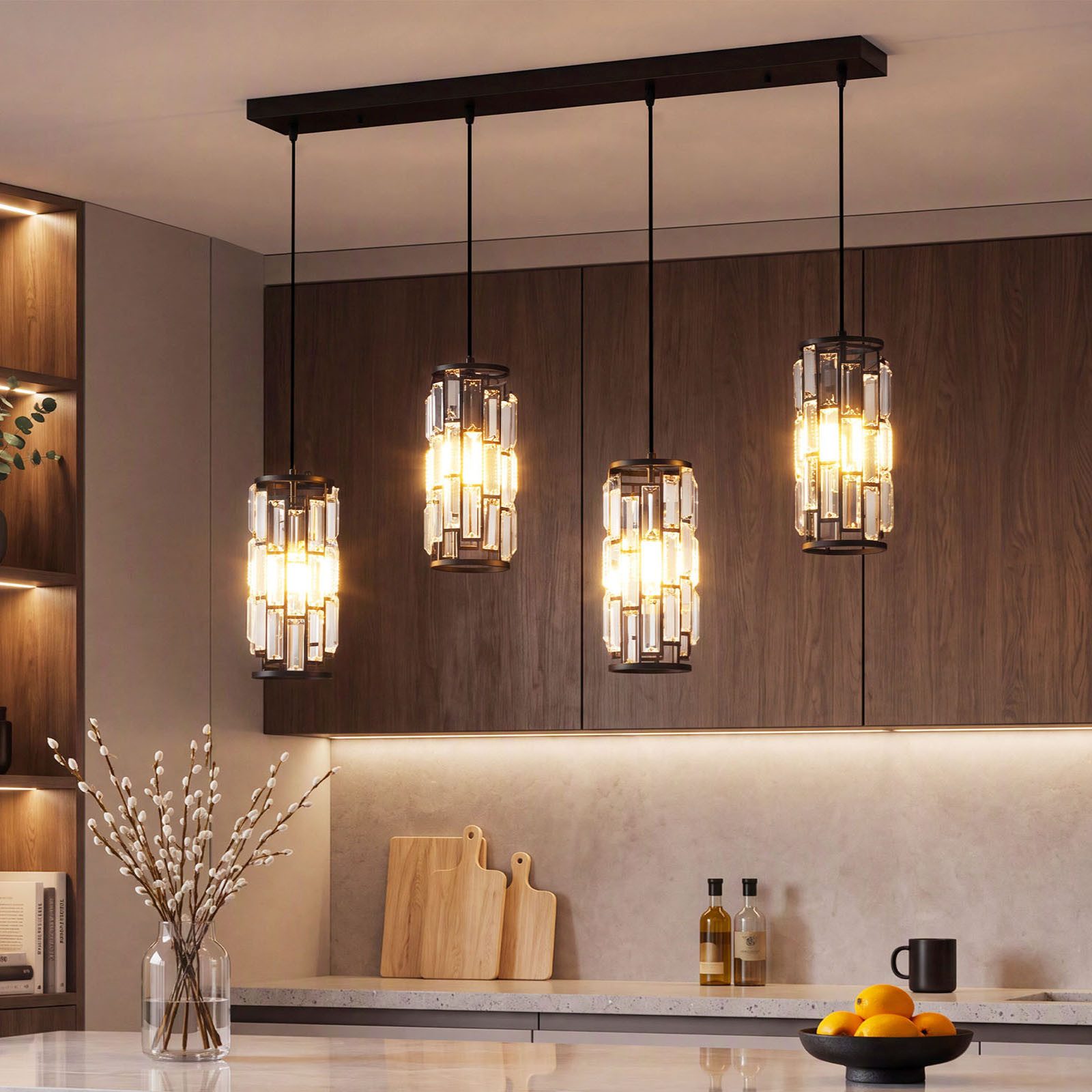 oyajia LED Pendelleuchte Kristall-Pendelleuchte für Esstisch, Dimmbar 4-flammiger Kronleuchter, mit Leuchtmittel, Warmweiß, Naturweiß, Kaltweiß, Höhenverstellbare Hängelampe E27-Fassung für Wohnzimmer, Küche, Flur
