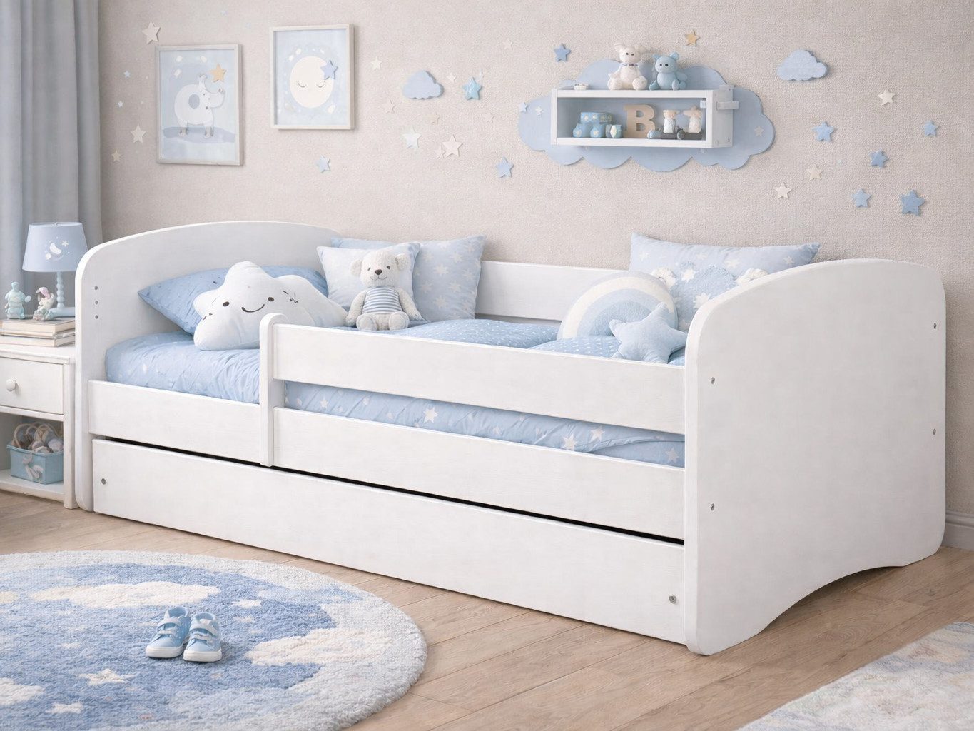 Beautysofa Kinderbett für Jungen PAUL 70x140 cm (Modernes, minimalistisches Design, Weißes Kinderbett mit Rausfallschutz für Jungen), Kinderbett mit Matratze