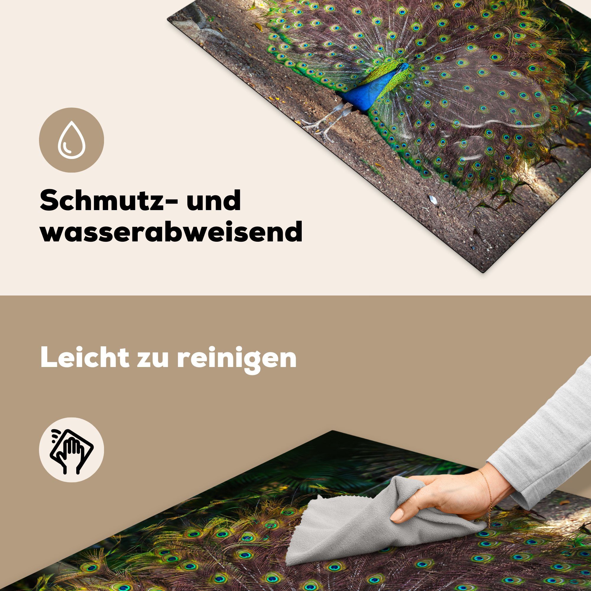 Schutz Ceranfeldabdeckung Vinyl, - Herdblende-/Abdeckplatte Wild cm, (1 tlg), die MuchoWow Pfau 81x52 Wald, für küche, Induktionskochfeld -