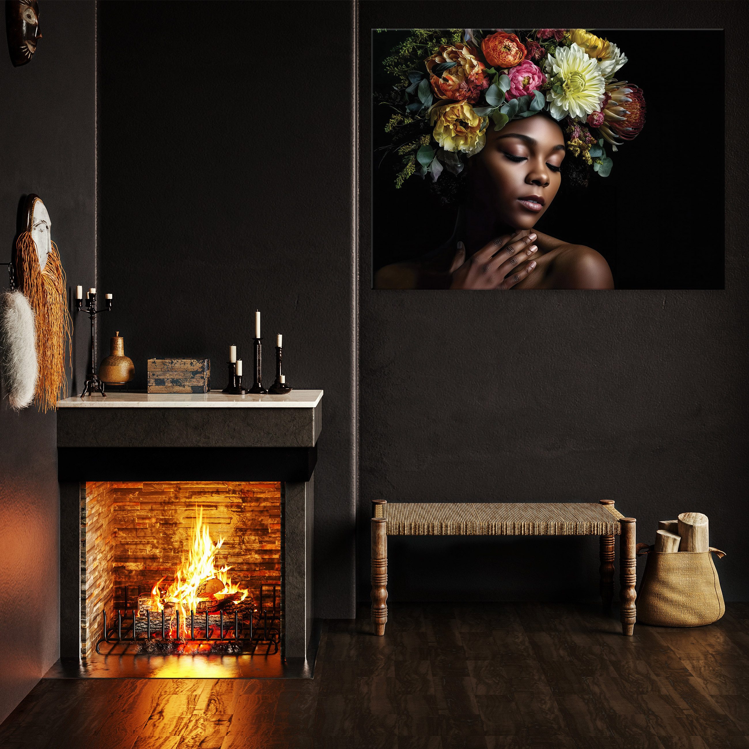 Wallarena Leinwandbild Frau Blumen Natur Schwarz Modern Wandbilder Wand Deko XXL Bilder, Frau - Kunst (groß Bilder Wohnzimmer Schlafzimmer Einteilig, 1 St), Bilder Klein Wohnzimmer Schlafzimmer Küche Wandbild Wand Deko 40x30