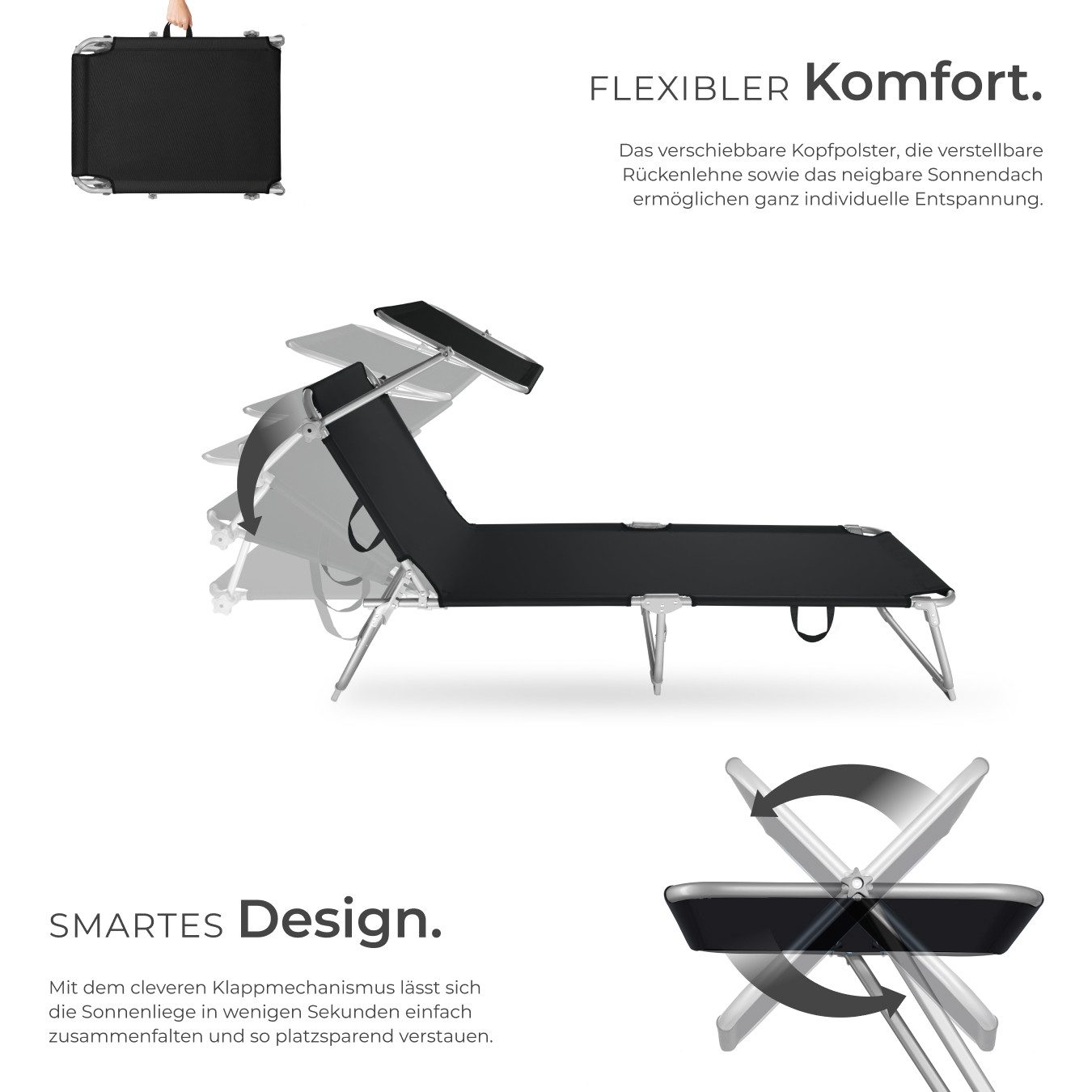 tectake Gartenliege Sonnenliege, verstellbare Rückenlehne mit Kopfpolster, 190 x 68 x, Balkonliege Chloé, 1 St., für Außen in Schwarz, klappbar, verstellbares Sonnendach, widerstandsfähig und UV-beständig