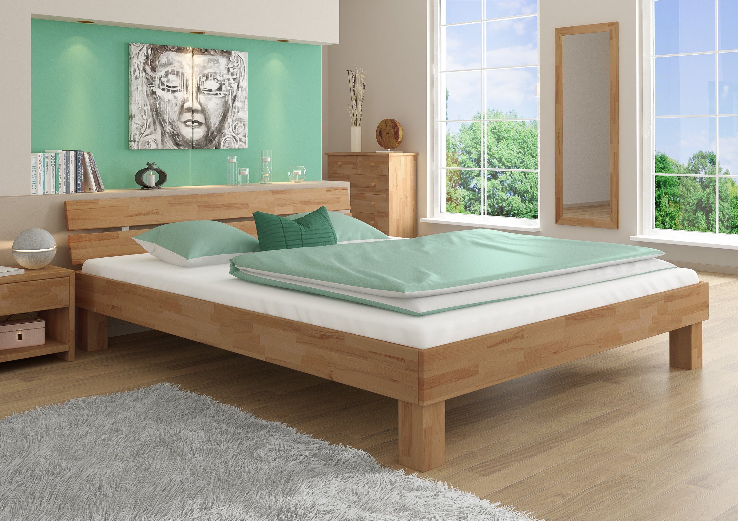 Federholzrahmen, massiv Buche ERST-HOLZ Buche 180x200 Doppelbett Buchewaschweiß mit geölt Bett