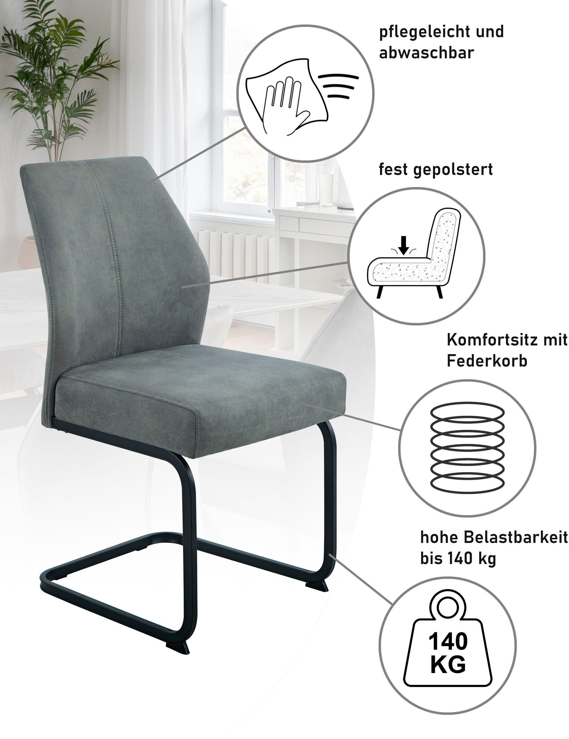 HELA Essgruppe ILLER Tisch 140x90 cm, (Set, 5-tlg), 5tlg., Baumkante 46mm, X-Gestell, Schwingstuhl, Federkorb