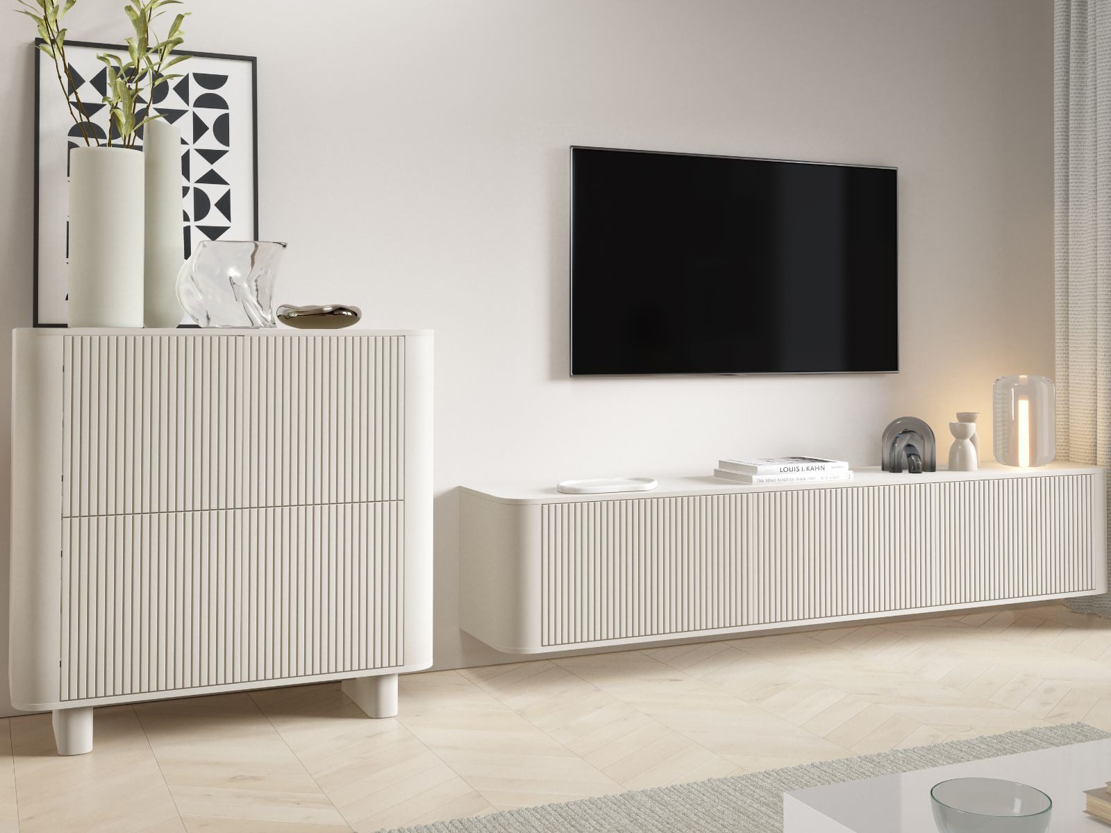 Compleo TV-Schrank 220 cm breit, Hängend oder auf Füßen, TV-Tisch japandi Nussbaum oder Kaschmir