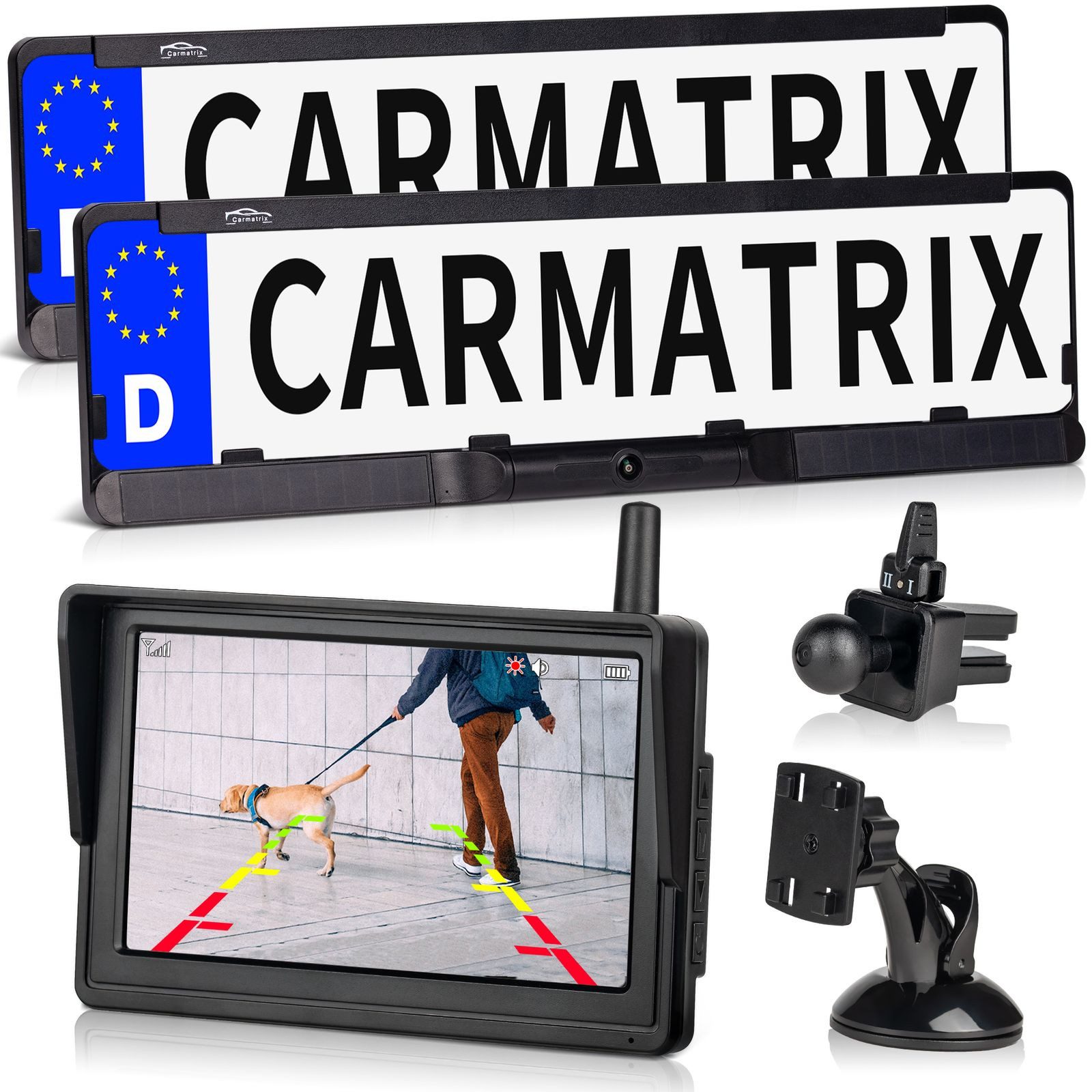 CARMATRIX Premium Solar 4 DUO Rückfahrkamera (HD Solar Funk Video Rückfahrsystem im Nummernschild Kennzeichenhalter, DUO Rückfahrkamera mit Solarpanel Akku kabellos ohne Bohren nachrüsten)