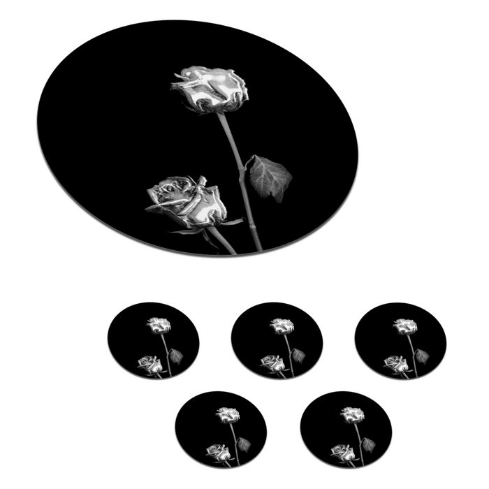 MuchoWow Glasuntersetzer Rosen - Blumen - Schwarz - Weiß Zubehör für Gläser 6-tlg. Getränkeuntersetzer Tassenuntersetzer Korkuntersetzer Tasse Becher