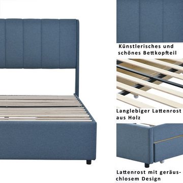 OKWISH Bett Polsterbett 140 x 200 cm, Doppelbett (mit Außenverteidigern auf beiden Seiten des Kopfteils, mit Schubladen, Lattenrost und Rückenlehne), für Erwachsene und Jugendliche, Ohne Matratze