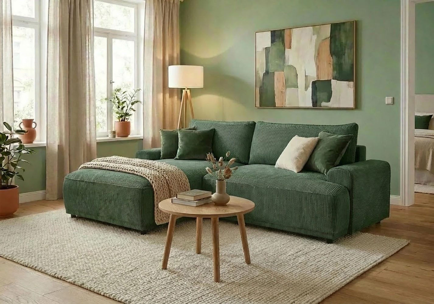 TRENDMANUFAKTUR Ecksofa Fordon, Schlafsofa mit Bettkasten, Couch in L-Form, Breite 250 cm, in Cordstoff HYPER, dunkelgrün, Recamiere links