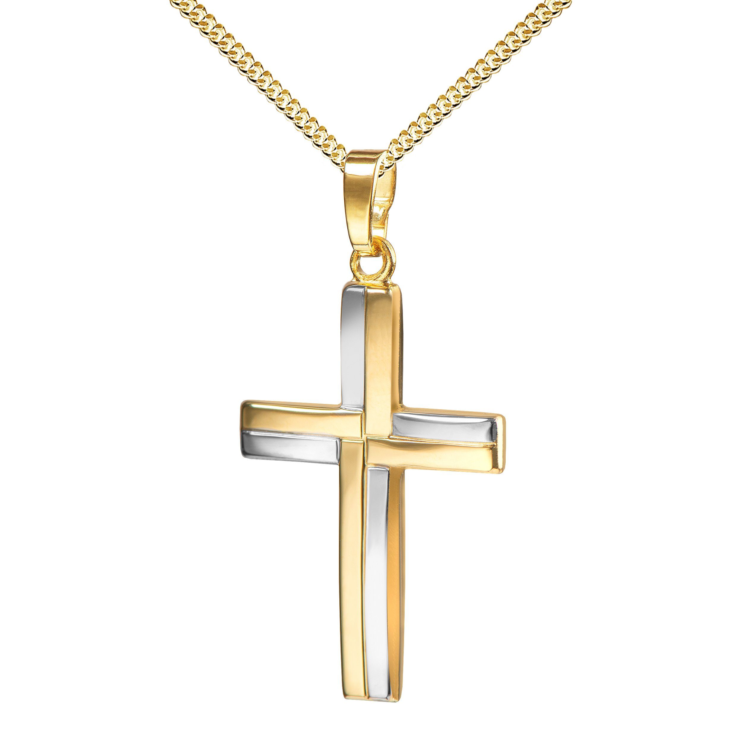 JEVELION Kreuzkette Kreuz Anhänger 750 Gold bicolor - Made in Germany (Goldkreuz, Für Damen und Herren), Mit Kette vergoldet- Länge wählbar 36 - 70 cm.