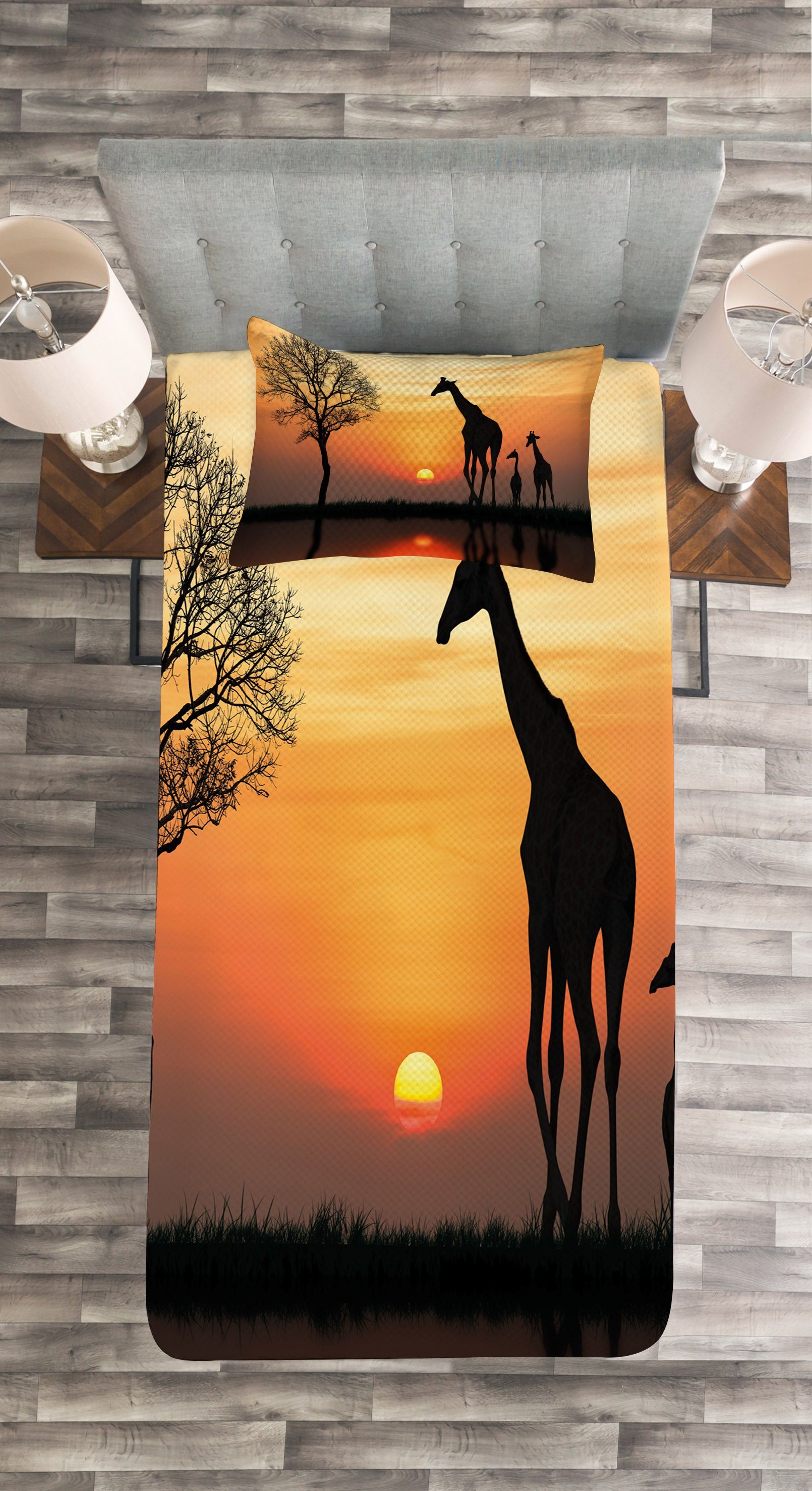 Set Tagesdecke Giraffe im mit wilden Waschbar, Kissenbezügen Wald Afrika Abakuhaus,