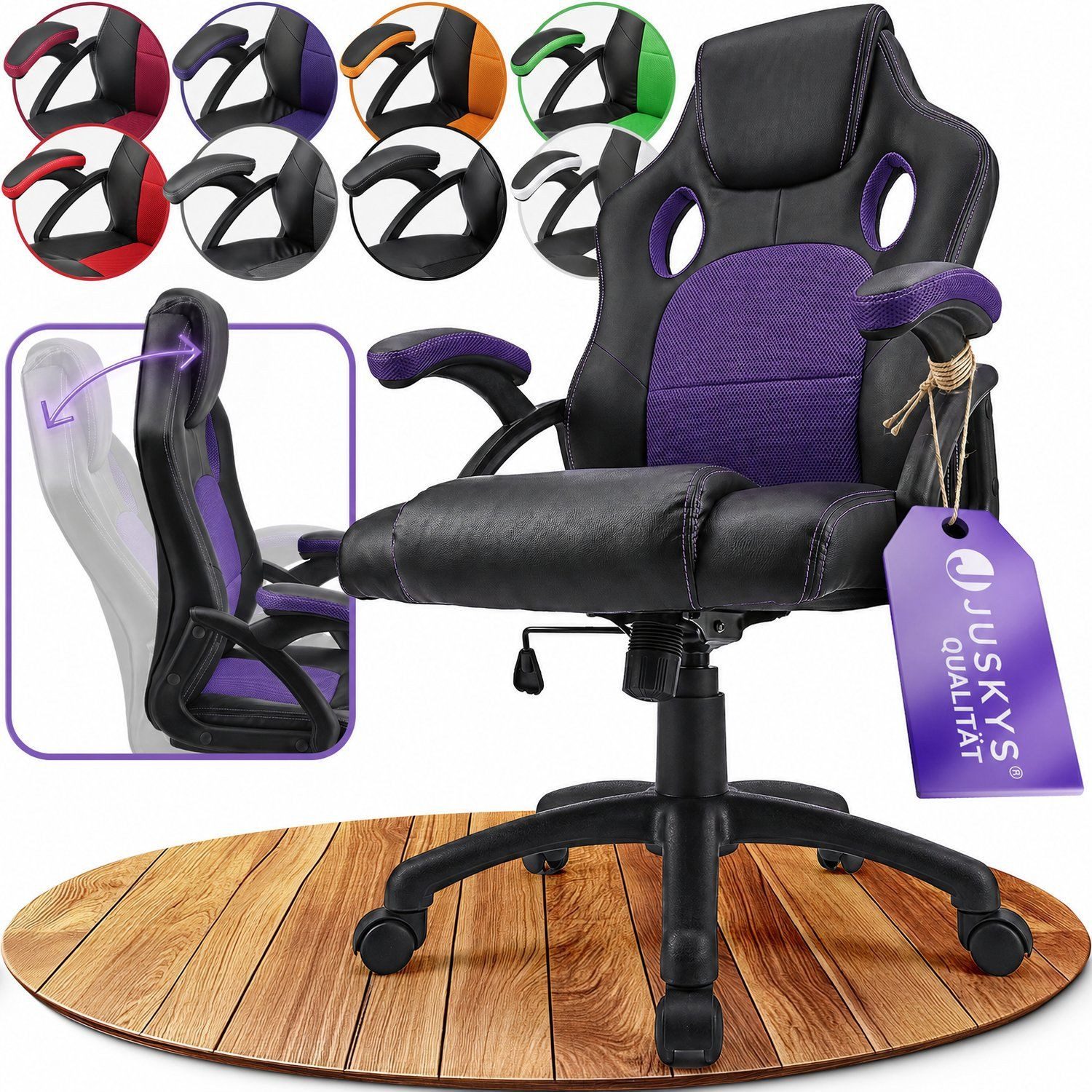 Juskys Gaming-Stuhl Montreal, Ergonomisch geformte Sitzfläche, Rückenlehne und Sitzfläche kippbar