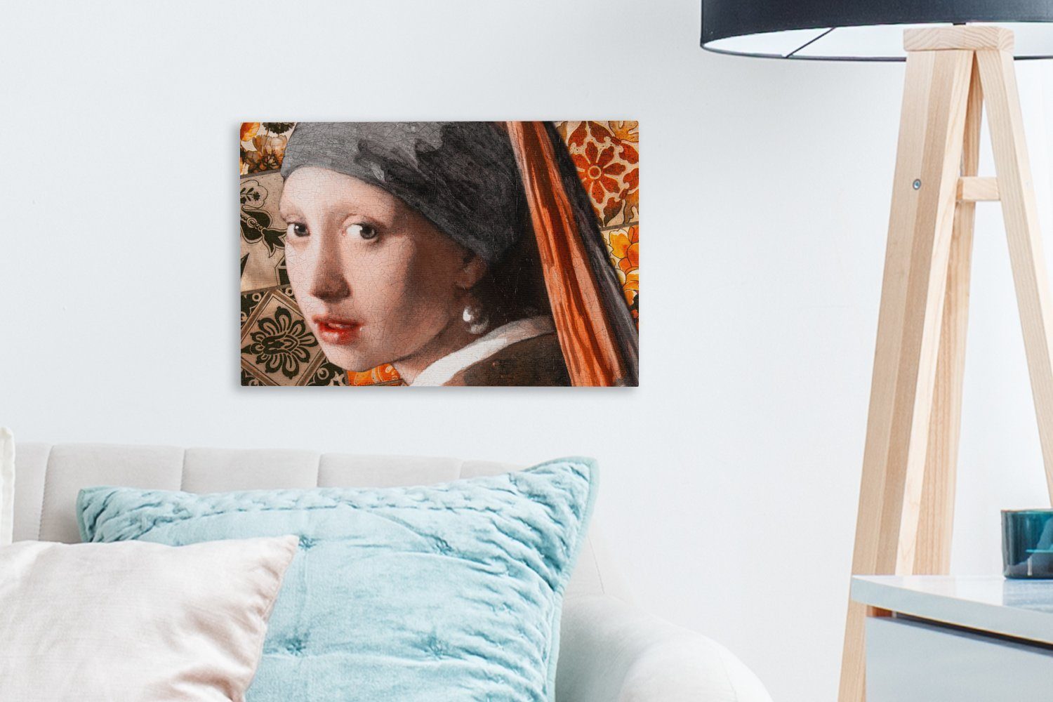 Wandbild St), - Vermeer OneMillionCanvasses® Perlenohrring Leinwandbilder, cm Aufhängefertig, Mädchen - Wanddeko, dem Gemälde 30x20 Das (1 Collage, mit