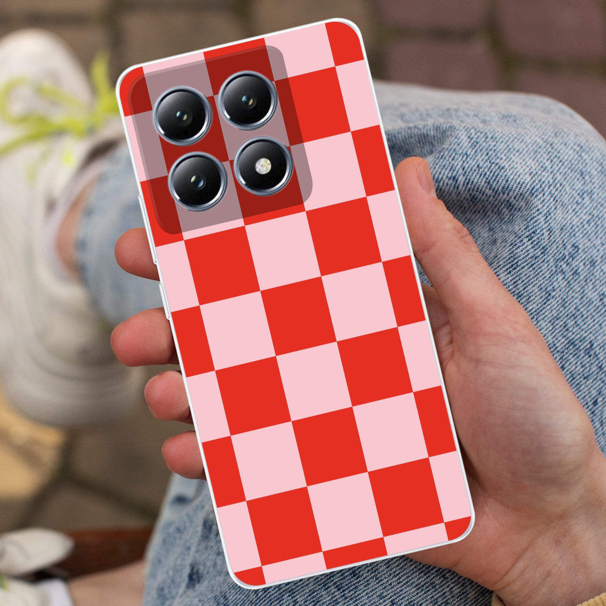 MuchoWow Handyhülle für Xiaomi 14T Schachbrettmuster - Rot - Rosa - Würfel, Handy Case, Silikon, Bumper Case Dünn