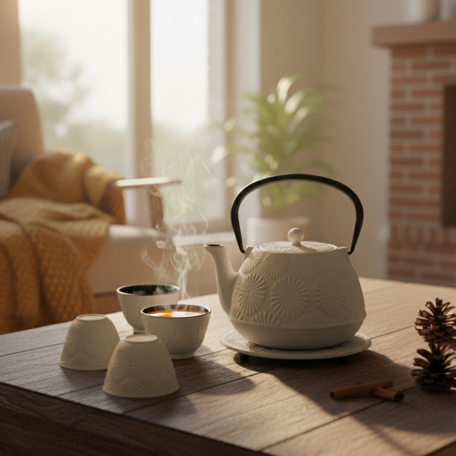 AROMELIO Teekanne Gusseisenkanne mit Tassen und Untersetzer KOGA, 1200 ml