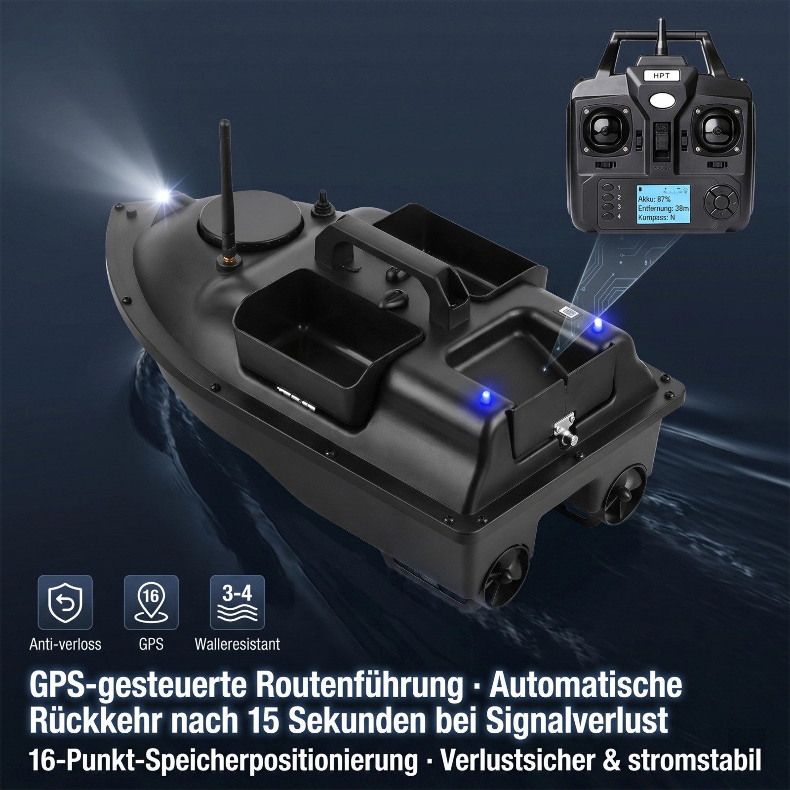 GARRYFIZH RC-Boot GPS Futterboot Köderboot, 2kg Zuladung 3 Kammern 500m Reichweite