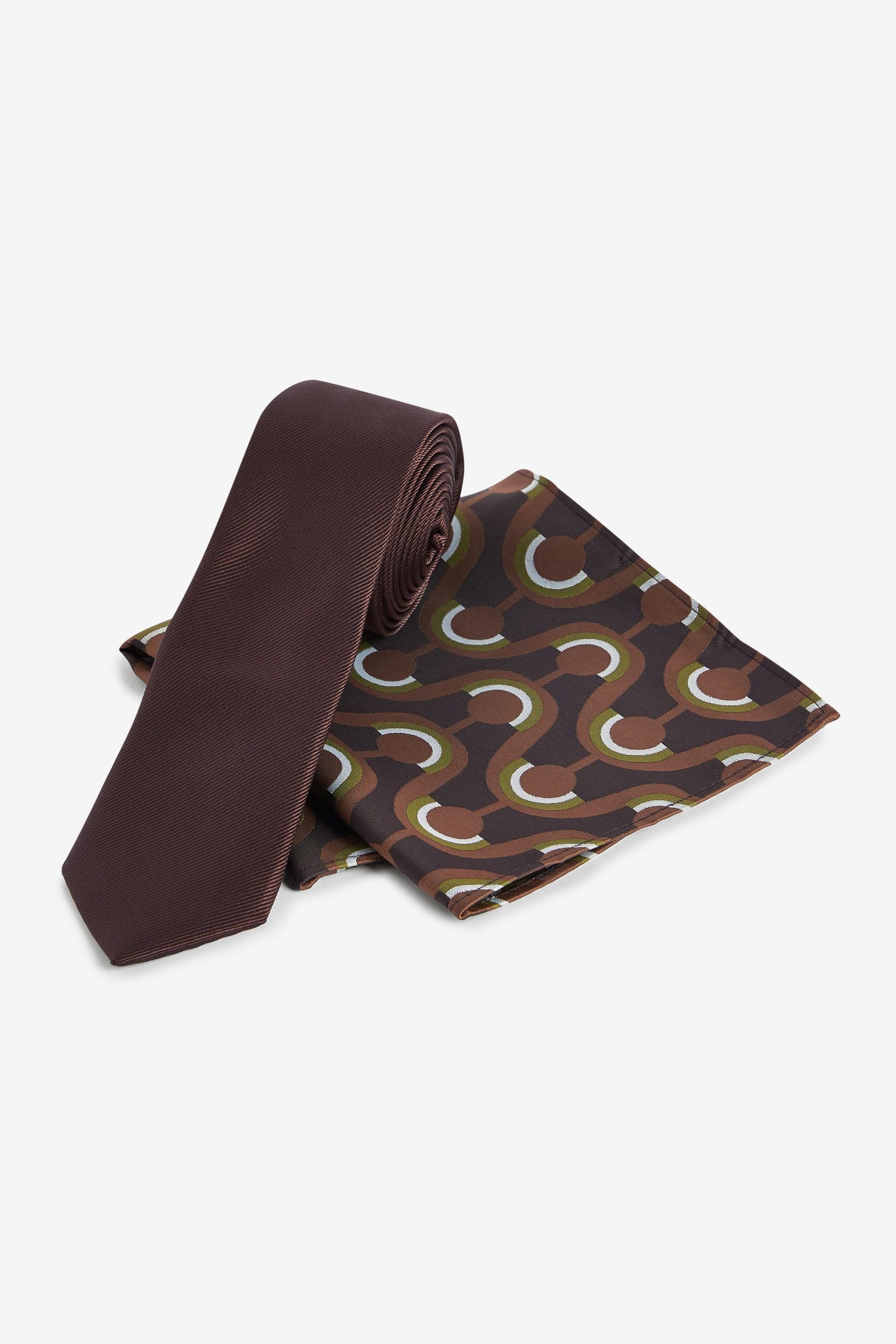 Next Krawatte Krawatte und Geo-Einstecktuch im Set - schmal (2-St) Chocolate Brown