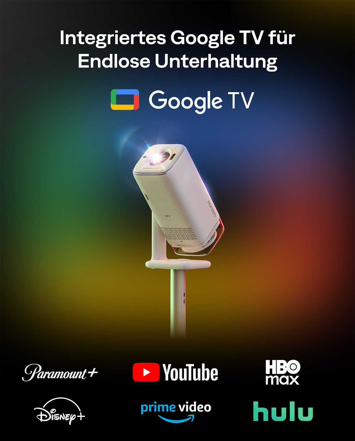 Aurzen Boom Air Mini Projektor mit Google TV & NetfIix, 4K Unterstützt Beamer (300 lm, 4K Unterstützt Pixel px, Native 1080P, Dolby Audio, TOF Autofokus, USB-C, WLAN & Bluetooth)