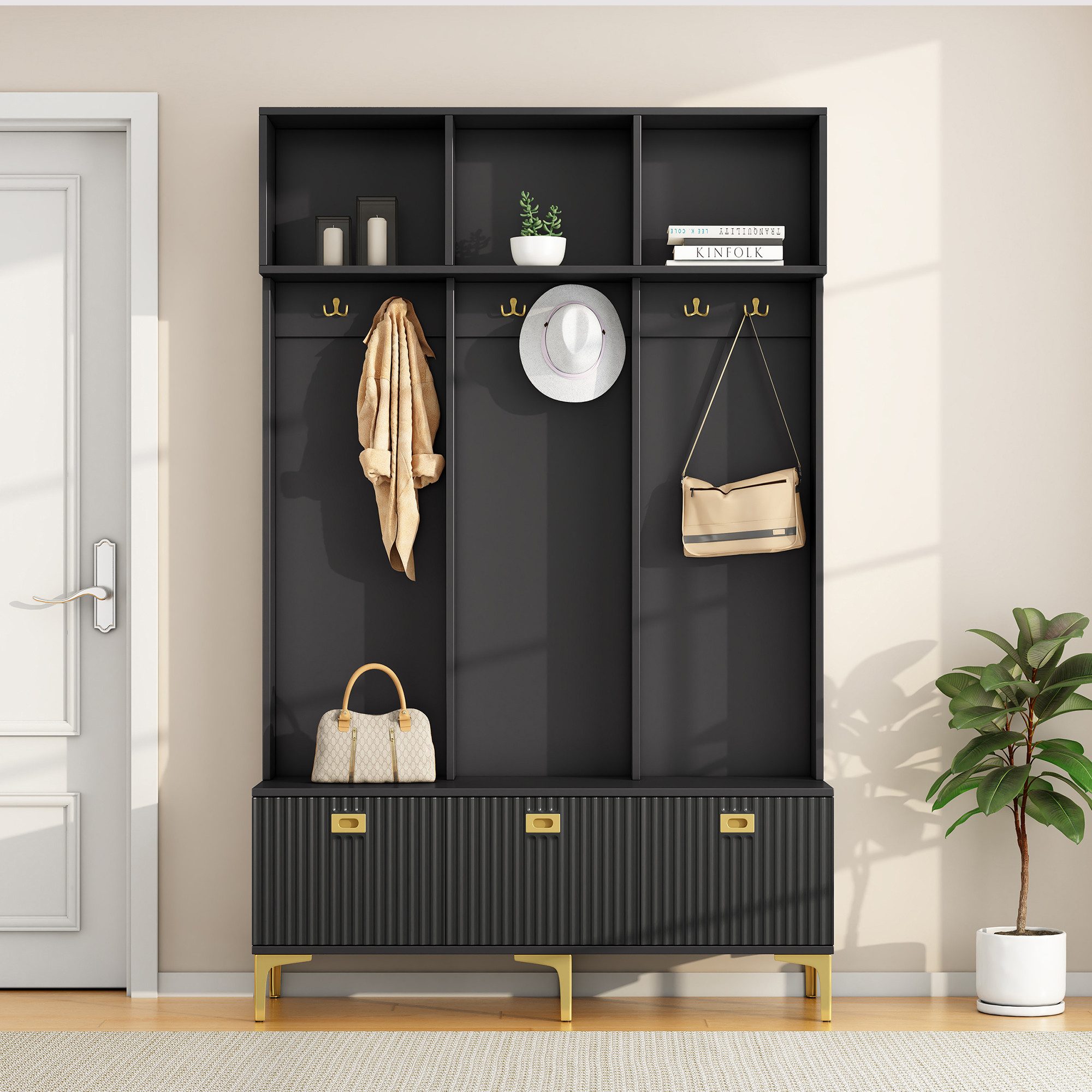 BlingBin Garderoben-Set Wandgarderobe, Flurgarderobe Set mit offene Aufbewahrung, (1er Set, 1-St., 6 goldene Haken und Füße, B120/D23.5/H191.5CM), multifunktionale Aufbewahrungsbank, für Flur, Wohnzimmer, weiß