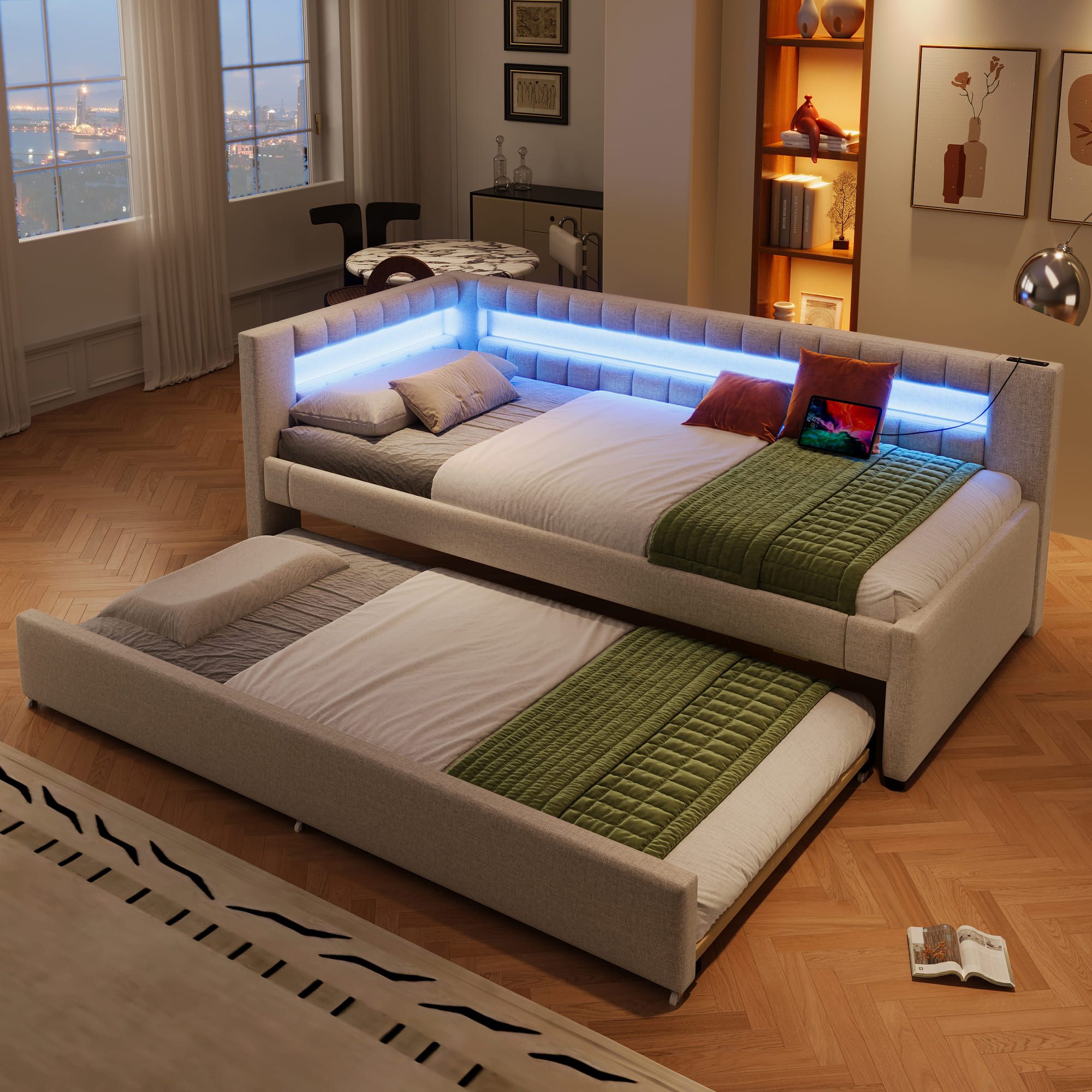 Ulife Daybett Daybett 90x200cm mit LED, USB-C & Ausziehbett (Leinen)