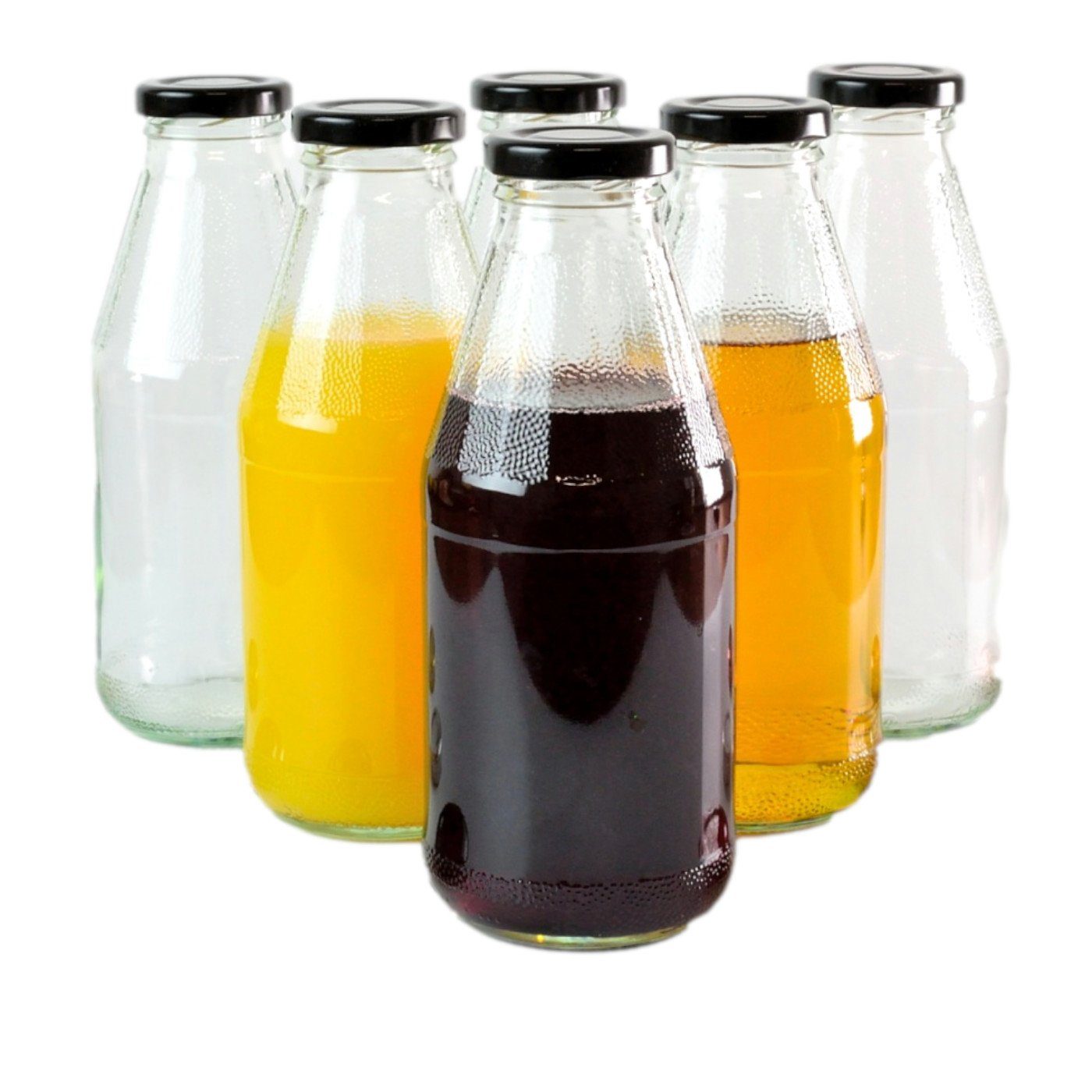 gouveo Trinkflasche Saftflaschen 500 ml mit Schraub-Deckel - Kleine Flasche 0,5 l, 6er Set, schwarz | Trinkflaschen