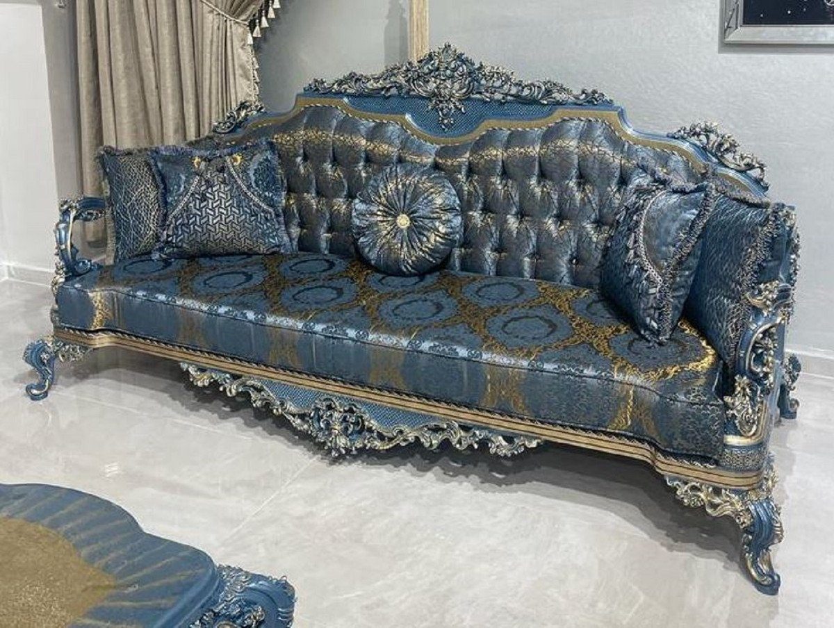 Casa Padrino Sofa Casa Padrino Luxus Barock Sofa Blau / Gold - Prunkvolles Wohnzimmer Sofa mit elegantem Muster - Barockstil Wohnzimmer Möbel - Luxus Möbel im Barockstil - Edel & Prunkvoll
