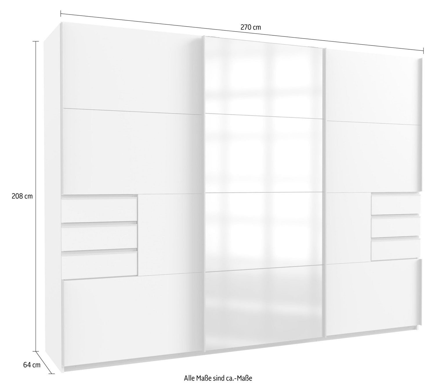 Wimex Schwebetürenschrank Saigon (3 Türen, 6 Schubladen, 6 Einlegeböden, 2 Kleiderstangen, 1-St., moderne Optik, Metallgriffleisten, Schubladen auf Metallschienen) 270x64x208cm
