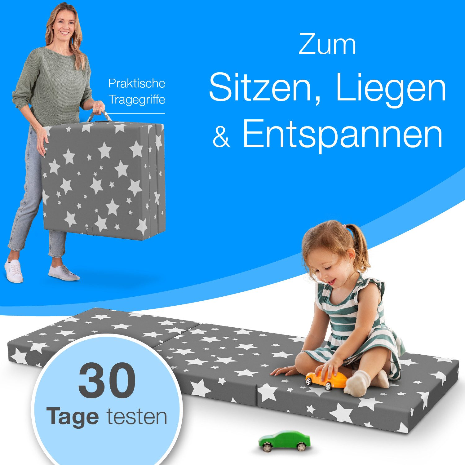 Klappmatratze Faltbare Kinder- & Erwachsenen-Reisematratze für Camping und Reisen, ELONEO, 9 cm hoch, verschied. Motive, inkl. Griff & Halteband – Bild 4 von 5