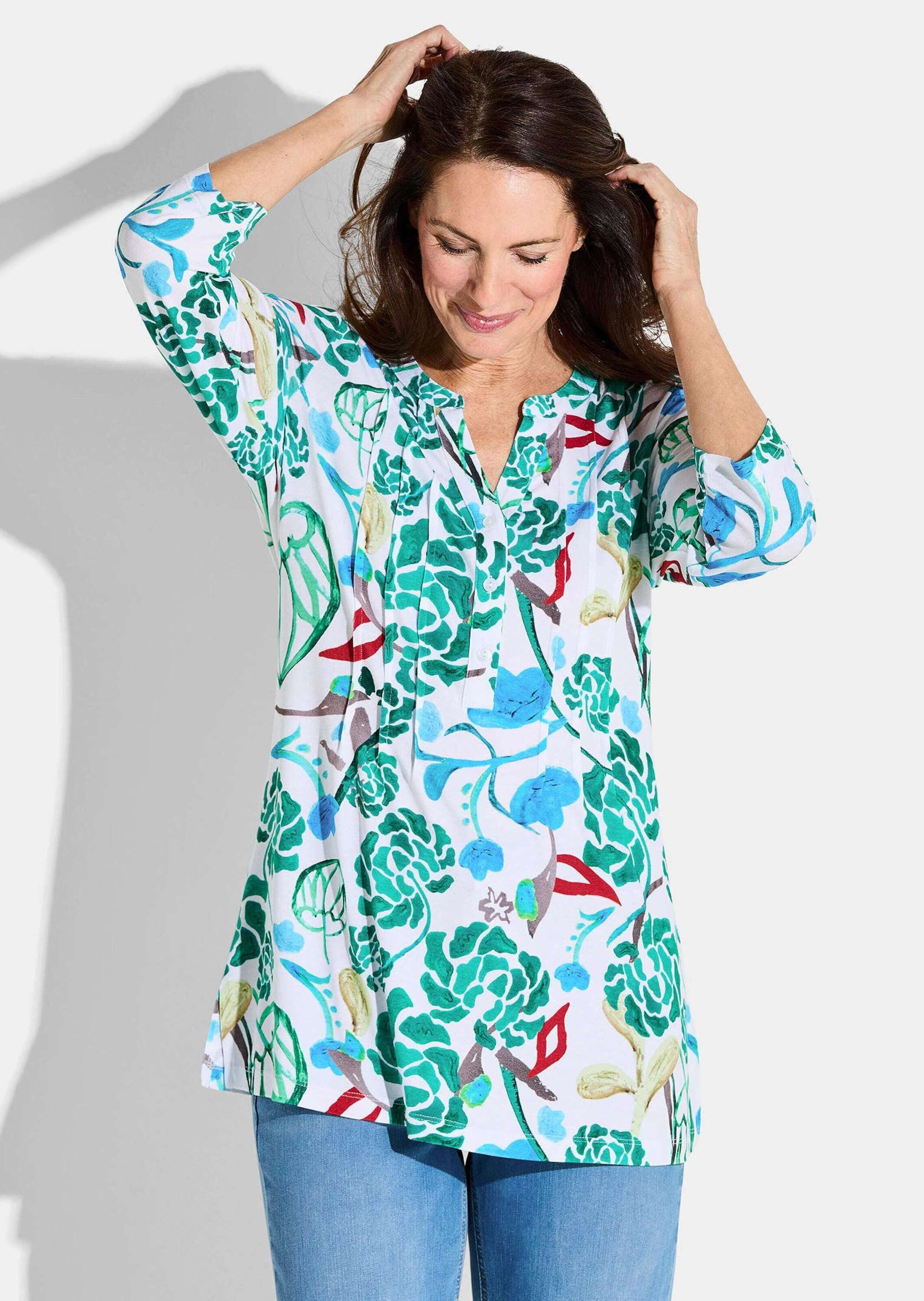 GOLDNER Tunika Kurzgröße: Halbarm Tunika mit Allover-Print Bluse mit frischen Farben, Rundhals, Knopfleiste, 3/4-Arm
