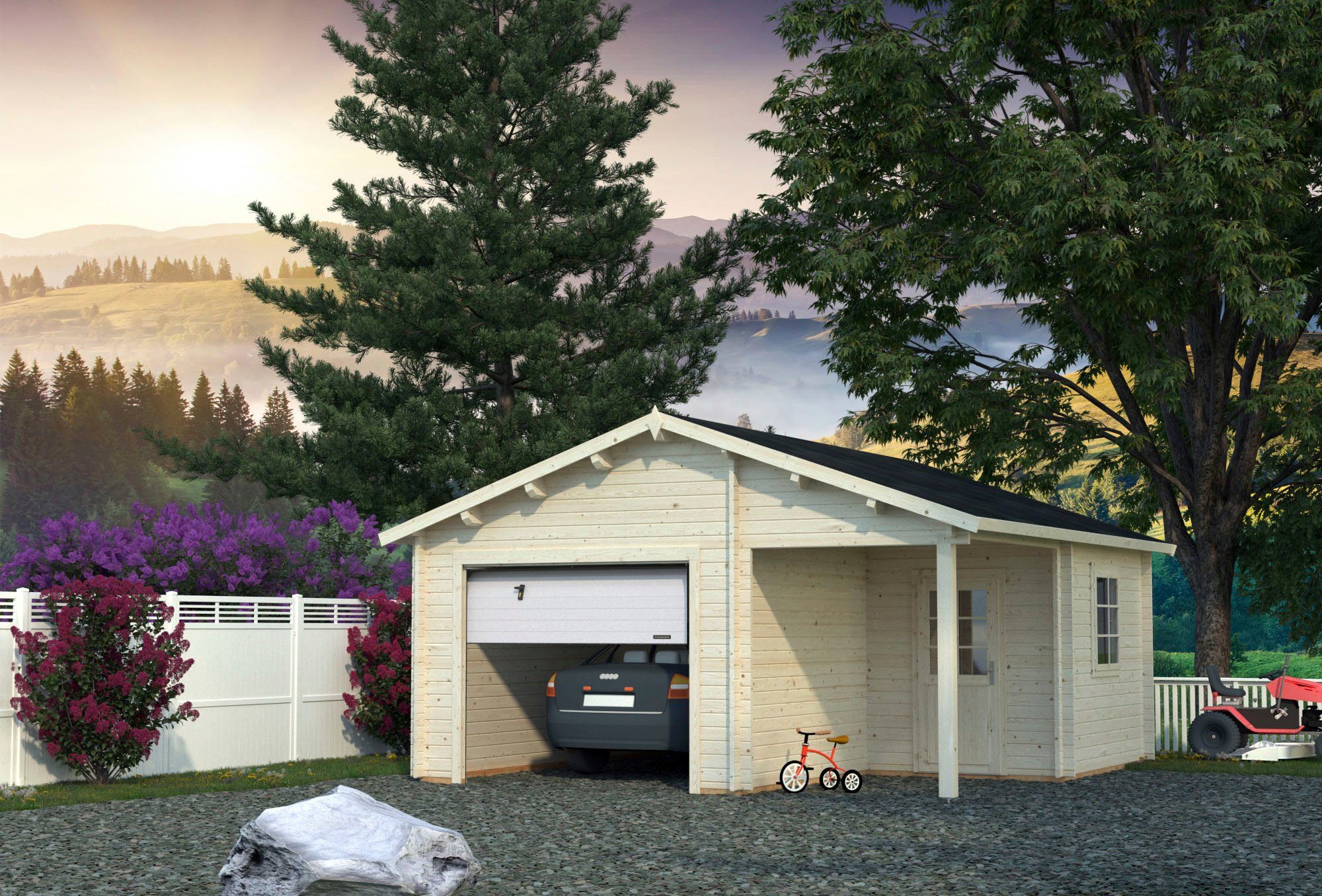 Palmako Garage Roger, BxTxH: 564x601x321 cm, mit Anbau und Sektionaltor, transparent