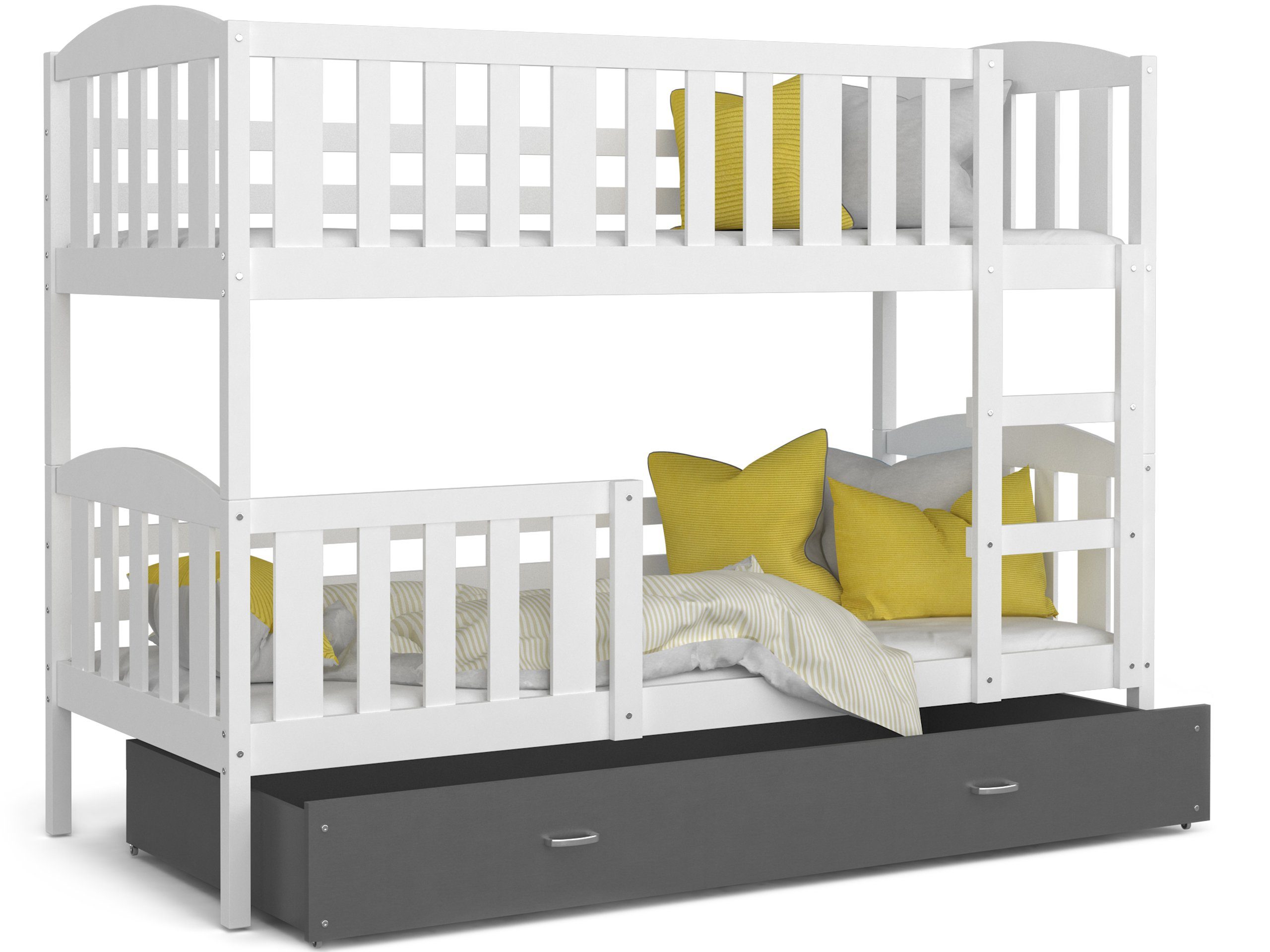 Siblo Kinderbett Rupert Lattenrost, Sicherheitsbarriere, Grau Schaummatratzen), Massivholz, (Flexibler Schublade, Möbelplatte Weiß und