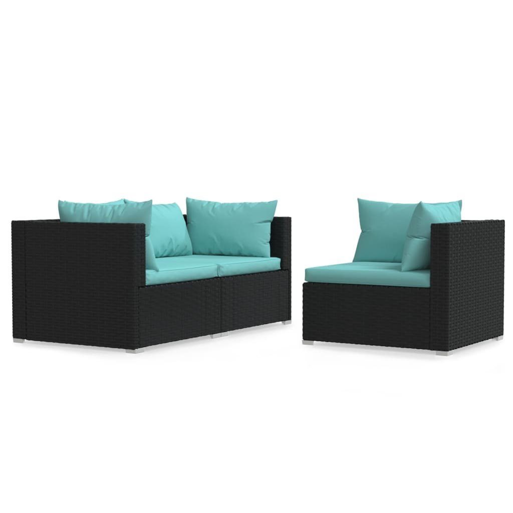 vidaXL Sofaelement 3-tlg. Garten-Lounge-Set mit Kissen Schwarz Poly Rattan (1 St)
