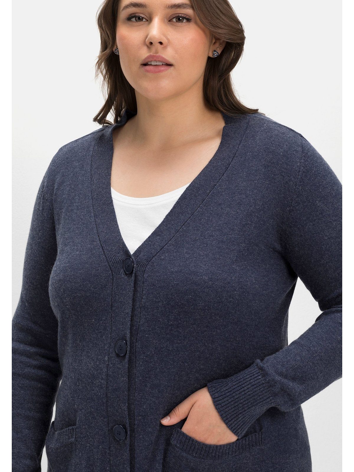 Größen meliert Strickjacke hinten Ajourstrick Große mit Sheego indigo Kaschmir,