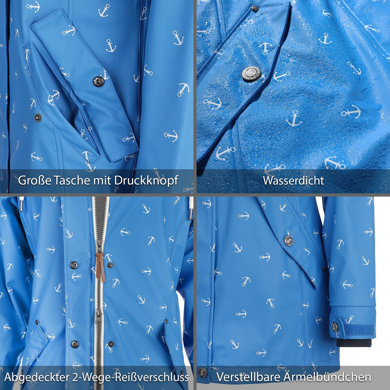 Fashion mit Dry Regenmantel Damen Cuxhaven Regenjacke - Kapuze wasserdicht Jacke Anker-Print hellblau