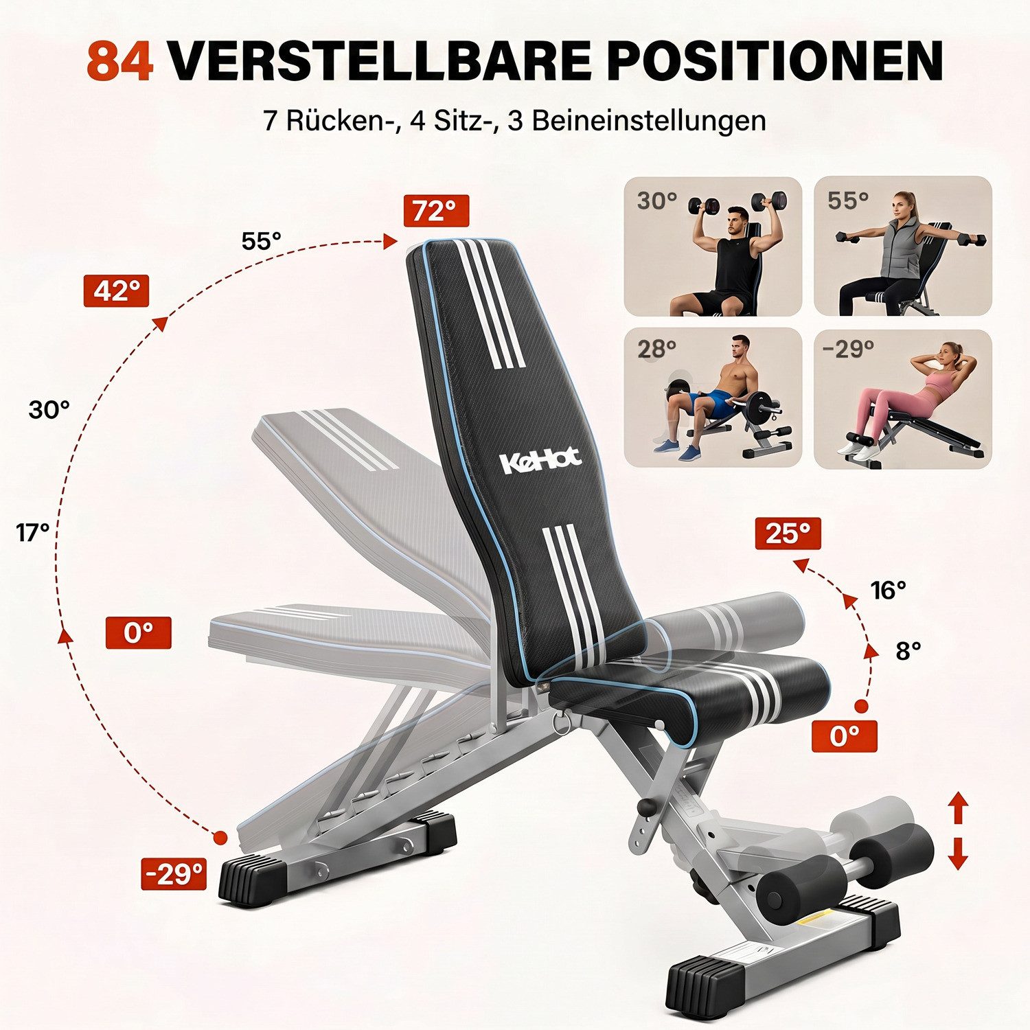 kehot Hantelbank Klappbare Hantelbank mit Verstellbarer Rückenlehne für Heimtraining, (Multifunktionsbank für Brust-, Bauch- und Schultertraining, Inklusive Trainingsbänder für zusätzliche Übungen), Bis 200 kg belastbar für Home Gym und Krafttraining