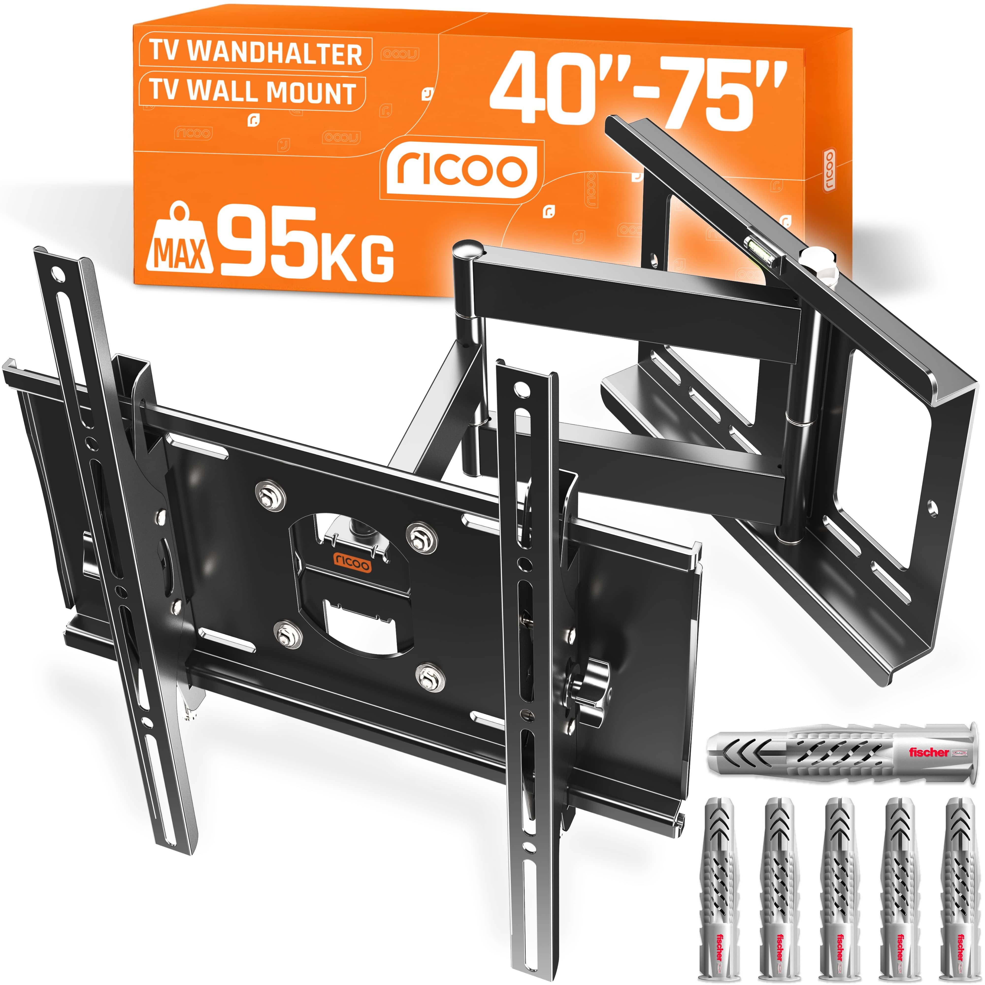 RICOO TV-Wandhalterung TV Wandhalter 47" 50" 55" 65" 75" max 95 Kg schwenkbar R23-F, (bis 75 Zoll, VESA 200x200 bis 400x400, 1-tlg., inkl. FISCHER® Dübel vollbeweglich ausziehbar 40 Zoll bis 75 Zoll, bis 15° Neigung, bis zu 180° Schwenkung, Fernseher Halt
