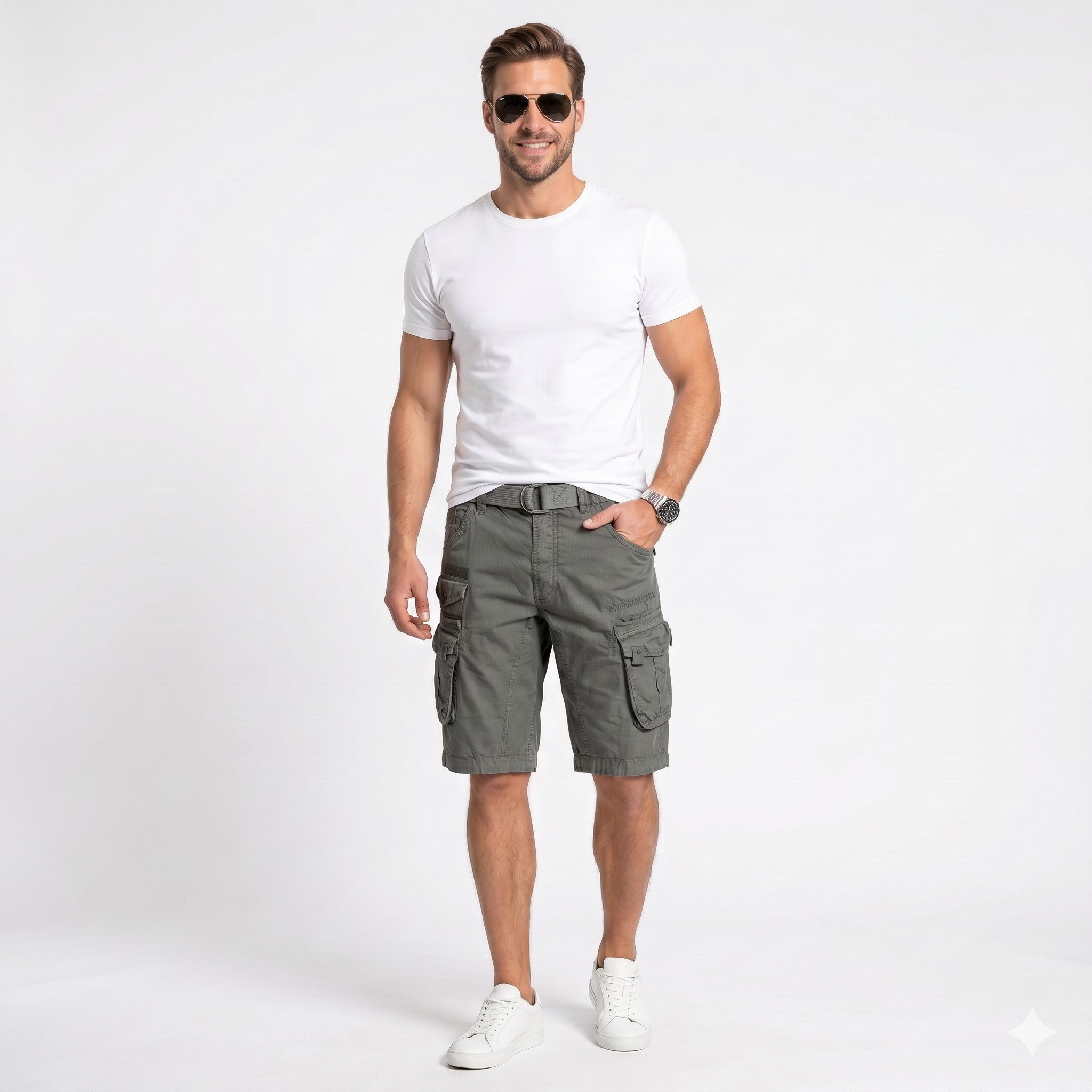 Geographical Norway Cargoshorts Herren – Kurze Hose aus Baumwolle, Regular Fit Bermuda Shorts mit Gürtel & Cargotaschen, Größe S–5XL