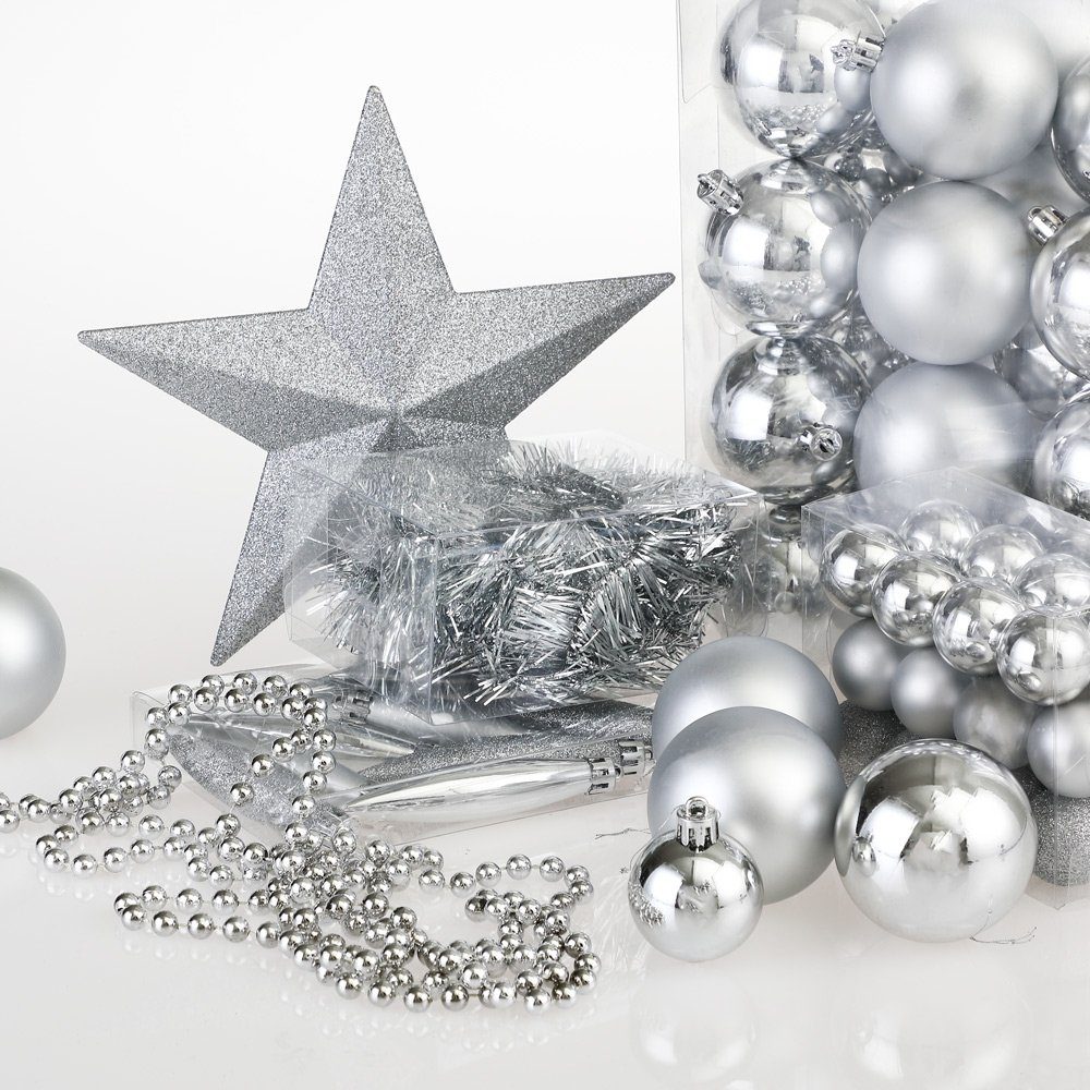 Silber Set glitzer Weihnachtskugeln 77er glänzend Weihnachtsbaumkugel matt Weihnachtsdeko Deuba (77 St),