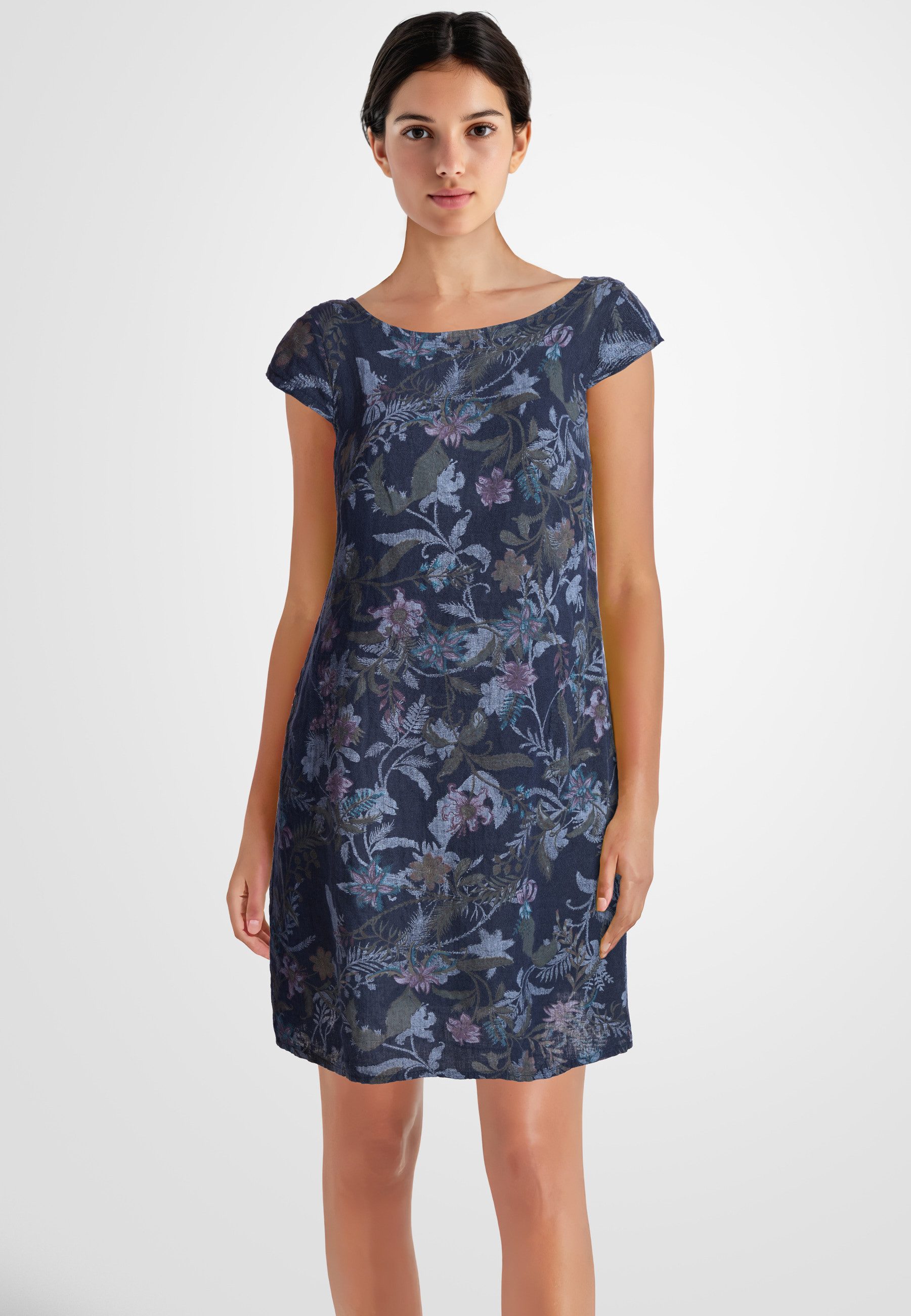 PEKIVESSA Sommerkleid Leinenkleid knielang kurzarm (Einzelartikel, 1-tlg) mit Blumen-Print