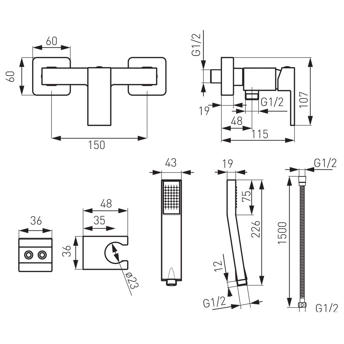 Ferro Duscharmatur Zicco mit Brauseschlauch, Handbrause und Wandhalter, Chrom, BZI77