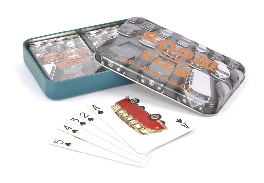 VW Collection by BRISA Spielesammlung Volkswagen Spielkarten Set, Gesellschaftsspiel, Kartenspiel im T1 Bulli Bus Design, 2er Set 52 Kartendeck