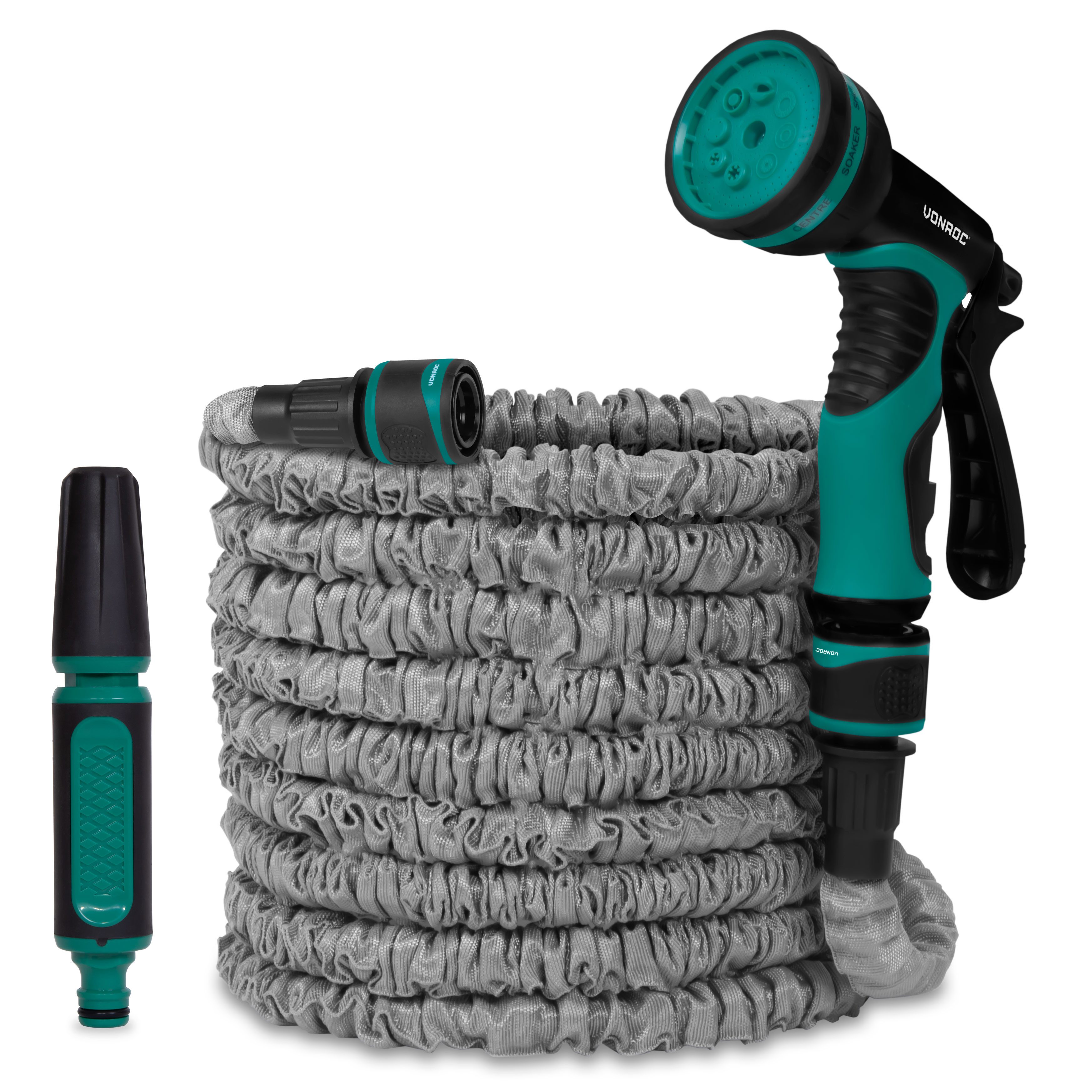 VONROC Gartenschlauch flexibler Wasserschlauch - Flexschlauch inkl. Wandhalterung, und Multispritze - Ausziehbarer knickfreier Schlauch für Garten, Wasserhahnanschluss G¾" - G½" - 20 Meter Schlauch