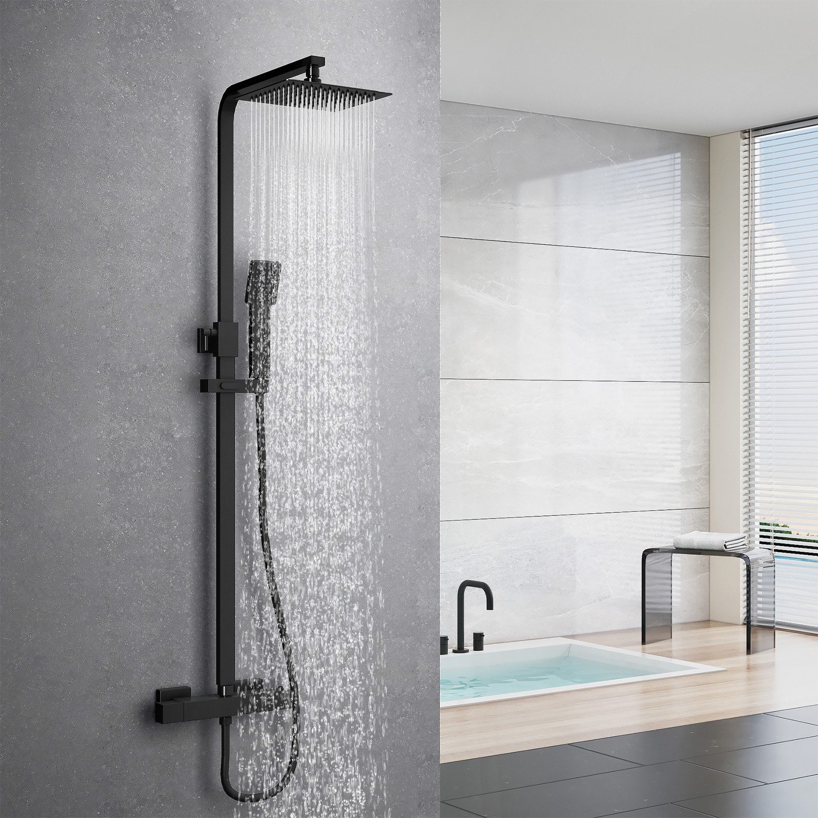 MEYKOERS Duschsäule Duschsystem mit Thermostat, Regendusche und Handbrause, Mattschwarz, Messing-Armaturenkörper und Edelstahl-Steigrohr, 1,5m PVC‑Schlauch